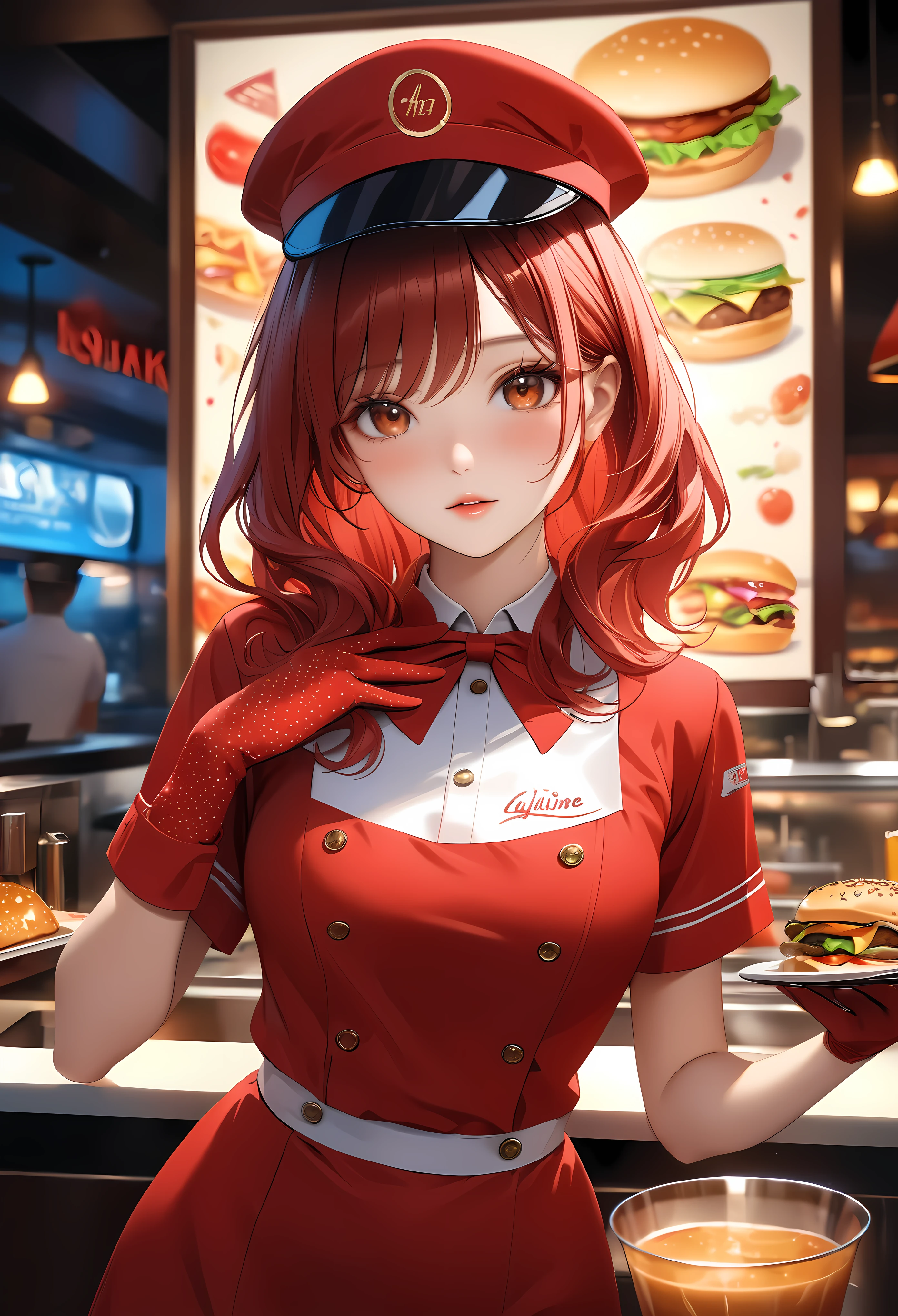 a beautiful fast food worker with bright brunette hair,freckles skin,detailed facial features,cute fast food waiter uniform,fast food worker hat,cutre pose,aesthetic fast food restaurant,neon light,fast food menu,delicious dessert,supermodel beauty,aquiline nose,best quality,8k,highres,masterpiece:1.2,ultra-detailed,realistic,photorealistic,photo-realistic:1.37,HDR,UHD,neon lighting,warm restaurant room,ultra-fine painting,sharp focus,physically-based rendering,extreme detail description,professional,vivid colors,bokeh,portrait | Rendered in ultra-high definition with UHD and retina quality, this masterpiece ensures anatomical correctness and textured skin with super detail. With a focus on high quality and accuracy, this award-winning portrayal captures every nuance in stunning 16k resolution, immersing viewers in its lifelike depiction. | ((pretty wavey red hair):1.1), ((fancy handgloves):1.1) | (((anatomical correctness))), (((perfect_fingers))), (((perfect_legs))), (((perfect_hands))), ((perfect_composition, perfect_design, perfect_layout, perfect_detail, ultra_detailed)), ((enhance_all, fix_everything)), More Detail, Enhance.