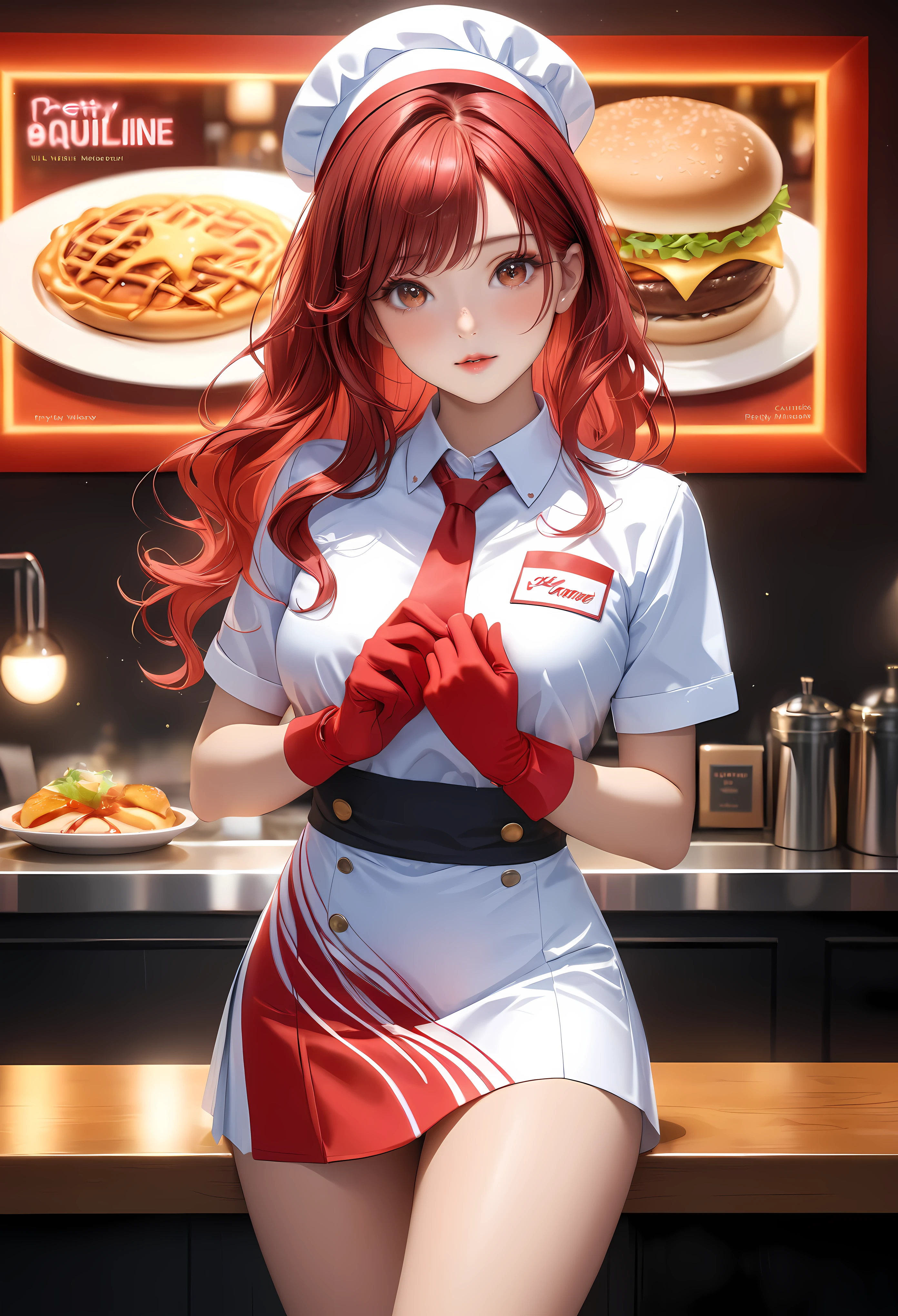 a beautiful fast food worker with bright brunette hair,freckles skin,detailed facial features,cute fast food waiter uniform,fast food worker hat,cutre pose,aesthetic fast food restaurant,neon light,fast food menu,delicious dessert,supermodel beauty,aquiline nose,best quality,8k,highres,masterpiece:1.2,ultra-detailed,realistic,photorealistic,photo-realistic:1.37,HDR,UHD,neon lighting,warm restaurant room,ultra-fine painting,sharp focus,physically-based rendering,extreme detail description,professional,vivid colors,bokeh,portrait | Rendered in ultra-high definition with UHD and retina quality, this masterpiece ensures anatomical correctness and textured skin with super detail. With a focus on high quality and accuracy, this award-winning portrayal captures every nuance in stunning 16k resolution, immersing viewers in its lifelike depiction. | ((pretty wavey red hair):1.1), ((fancy handgloves):1.1) | (((anatomical correctness))), (((perfect_fingers))), (((perfect_legs))), (((perfect_hands))), ((perfect_composition, perfect_design, perfect_layout, perfect_detail, ultra_detailed)), ((enhance_all, fix_everything)), More Detail, Enhance.