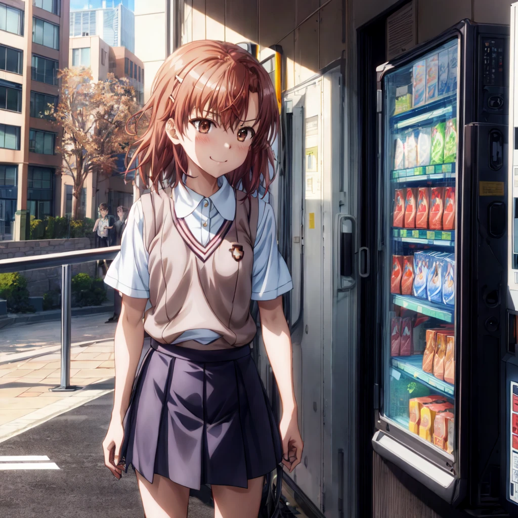 superior_Mikoto, One Girl, alone, School_uniform, tokiwadai_School_uniform, smile，sweater_Best, masterpiece，Electric current is flowing through the body，skirt, brown_sweater_Best,Laughter、Schools、A girl wearing electric shocks，Blitzkrieg，vending machine