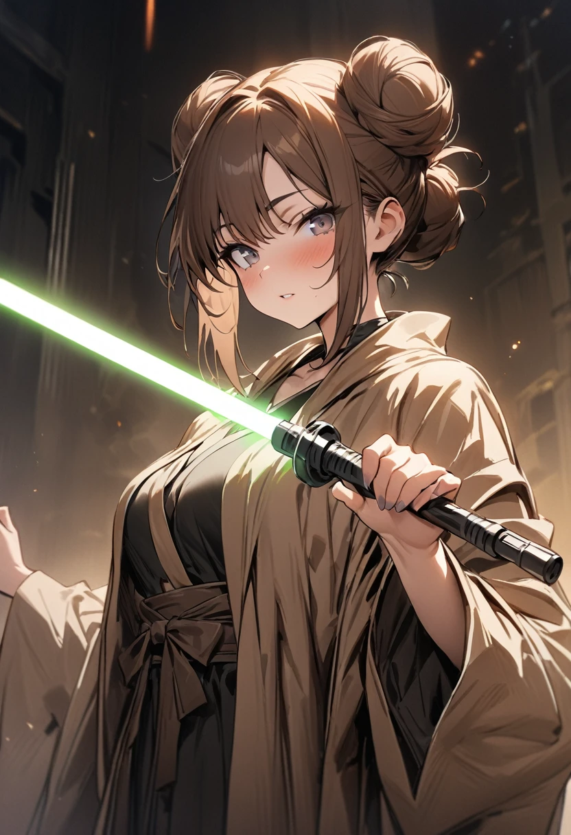 (masterpiece:1.2),(best quality:1.2),(masterpiece, best quality, ultra-high resolution), (Jedi girl), (lightsaber), brown hair in a bun, serene and deep-set eyes, clear and radiant skin, traditional brown Jedi robe.