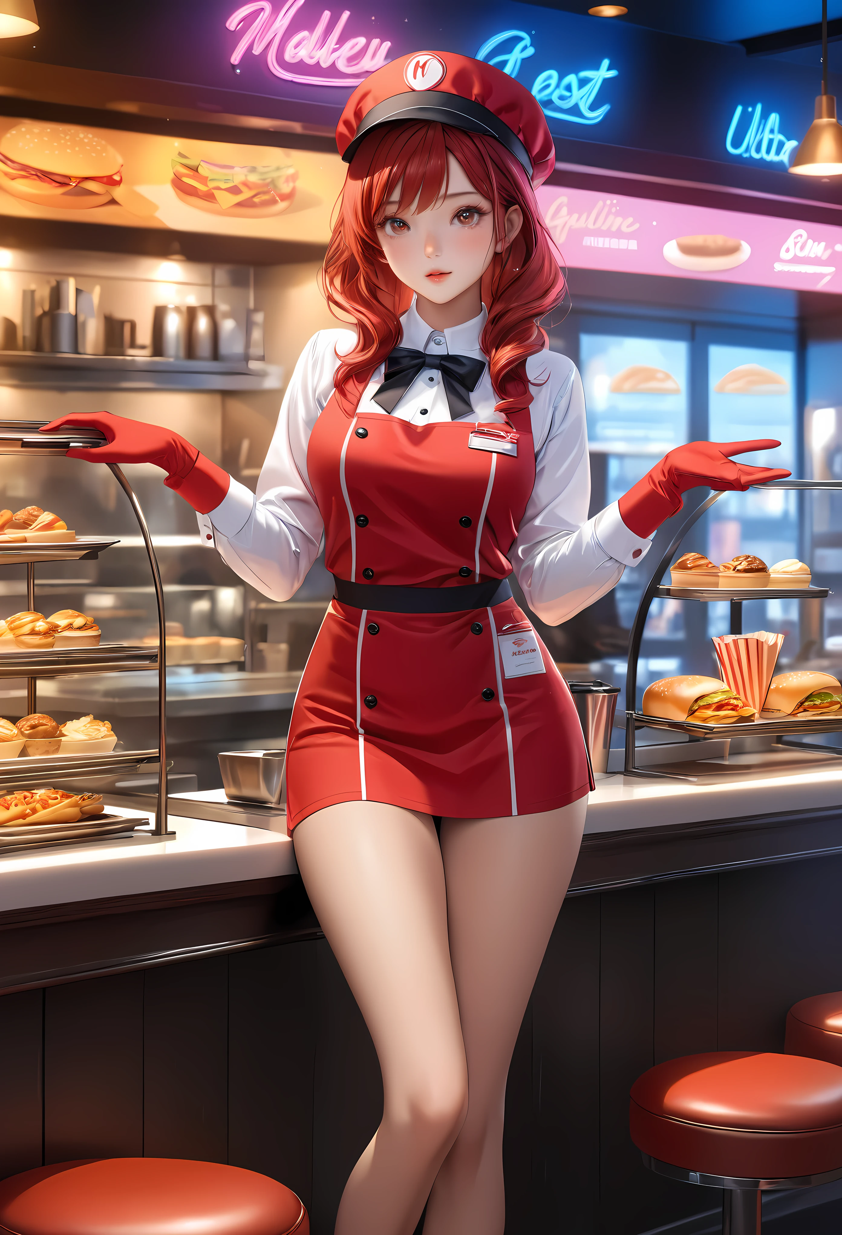 a beautiful fast food worker with bright brunette hair,freckles skin,detailed facial features,cute fast food waiter uniform,fast food worker hat,cutre pose,aesthetic fast food restaurant,neon light,fast food menu,delicious dessert,supermodel beauty,aquiline nose,best quality,8k,highres,masterpiece:1.2,ultra-detailed,realistic,photorealistic,photo-realistic:1.37,HDR,UHD,neon lighting,warm restaurant room,ultra-fine painting,sharp focus,physically-based rendering,extreme detail description,professional,vivid colors,bokeh,portrait | Rendered in ultra-high definition with UHD and retina quality, this masterpiece ensures anatomical correctness and textured skin with super detail. With a focus on high quality and accuracy, this award-winning portrayal captures every nuance in stunning 16k resolution, immersing viewers in its lifelike depiction. | ((pretty wavey red hair):1.1), ((fancy handgloves):1.1) | (((anatomical correctness))), (((perfect_fingers))), (((perfect_legs))), (((perfect_hands))), ((perfect_composition, perfect_design, perfect_layout, perfect_detail, ultra_detailed)), ((enhance_all, fix_everything)), More Detail, Enhance.