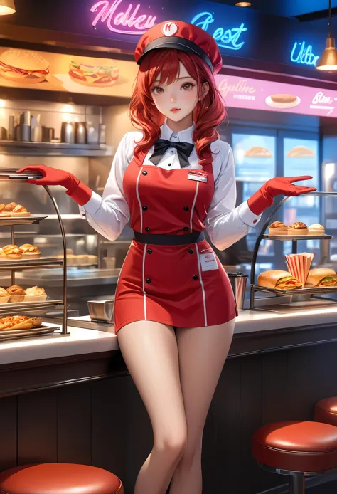 a beautiful fast food worker with bright brunette hair,freckles skin,detailed facial features,cute fast food waiter uniform,fast...