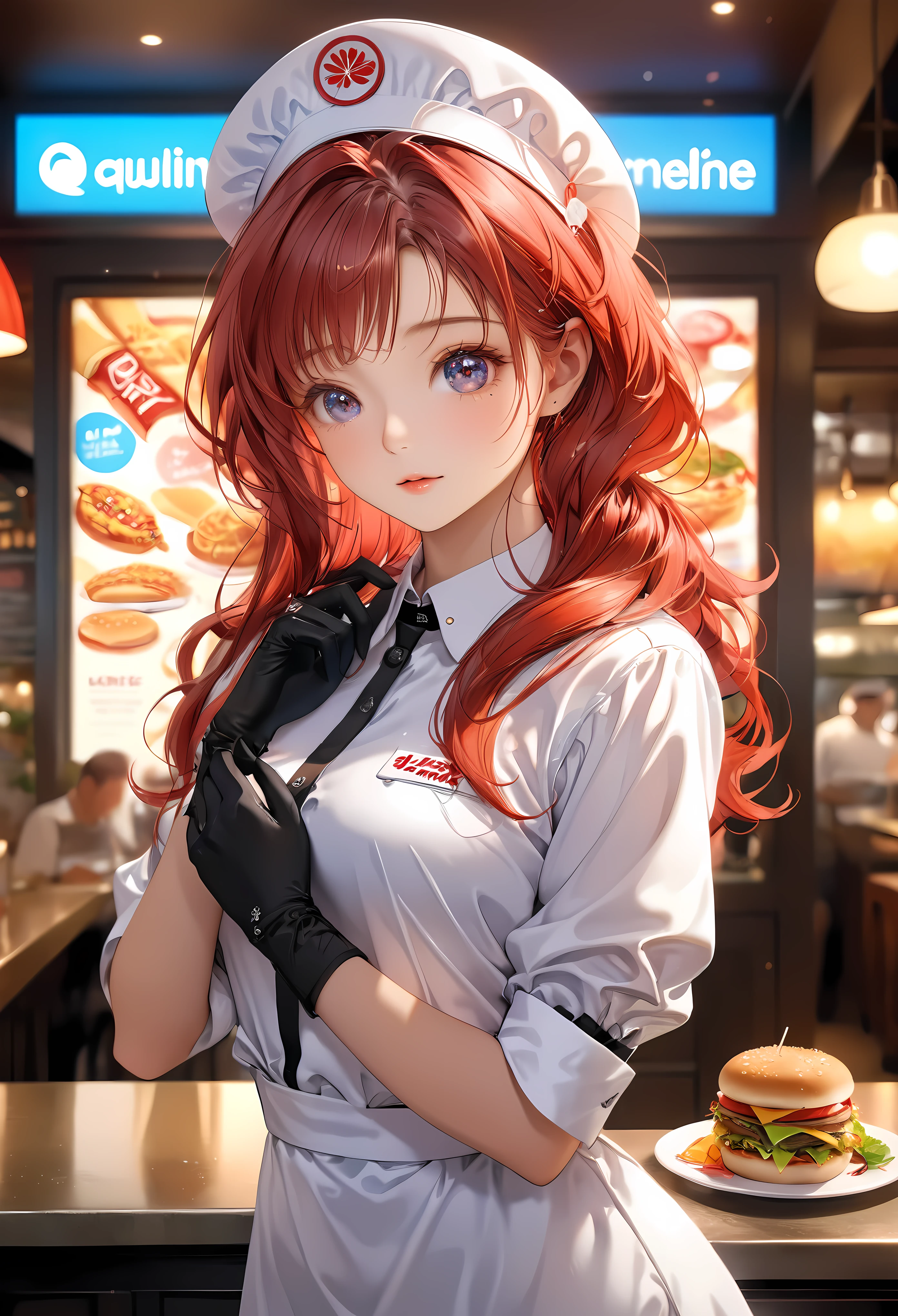 a beautiful fast food worker with bright brunette hair,freckles skin,detailed facial features,cute fast food waiter uniform,fast food worker hat,cutre pose,aesthetic fast food restaurant,neon light,fast food menu,delicious dessert,supermodel beauty,aquiline nose,best quality,8k,highres,masterpiece:1.2,ultra-detailed,realistic,photorealistic,photo-realistic:1.37,HDR,UHD,neon lighting,warm restaurant room,ultra-fine painting,sharp focus,physically-based rendering,extreme detail description,professional,vivid colors,bokeh,portrait | Rendered in ultra-high definition with UHD and retina quality, this masterpiece ensures anatomical correctness and textured skin with super detail. With a focus on high quality and accuracy, this award-winning portrayal captures every nuance in stunning 16k resolution, immersing viewers in its lifelike depiction. | ((pretty wavey red hair):1.1), ((fancy handgloves):1.1) | (((anatomical correctness))), (((perfect_fingers))), (((perfect_legs))), (((perfect_hands))), ((perfect_composition, perfect_design, perfect_layout, perfect_detail, ultra_detailed)), ((enhance_all, fix_everything)), More Detail, Enhance.