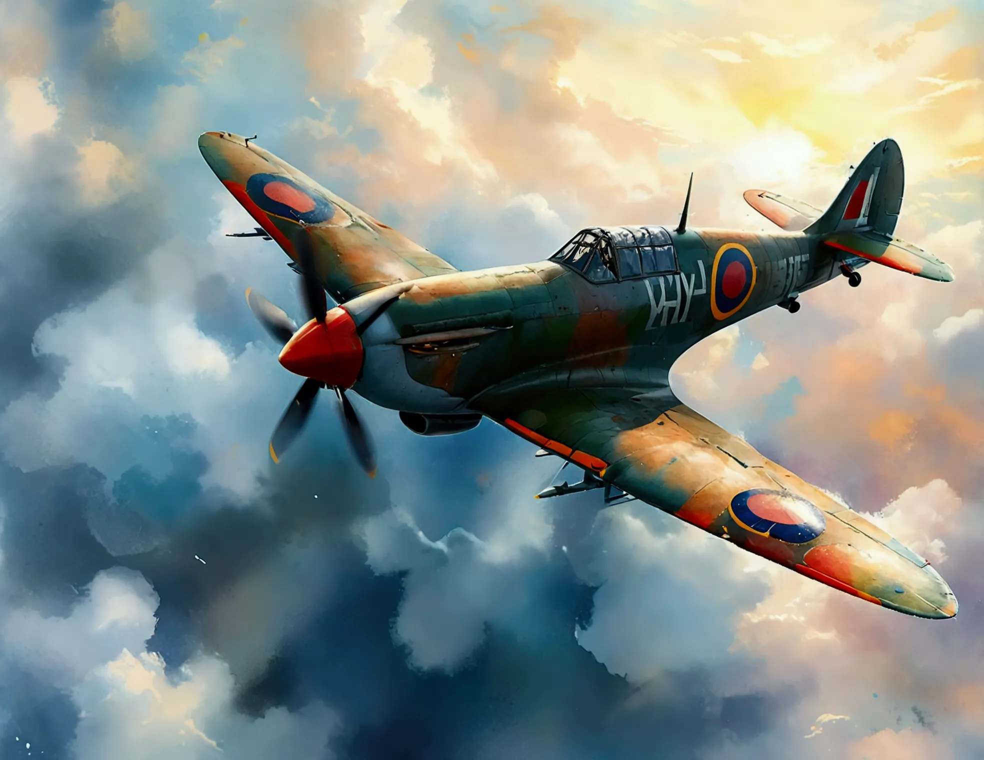 world war 2 spitfire aircraft flying with blurred sky background. (watercolor), (minimalist style coloring)