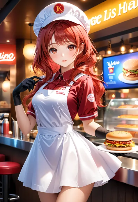 a beautiful fast food worker with bright brunette hair,freckles skin,detailed facial features,cute fast food waiter uniform,fast...