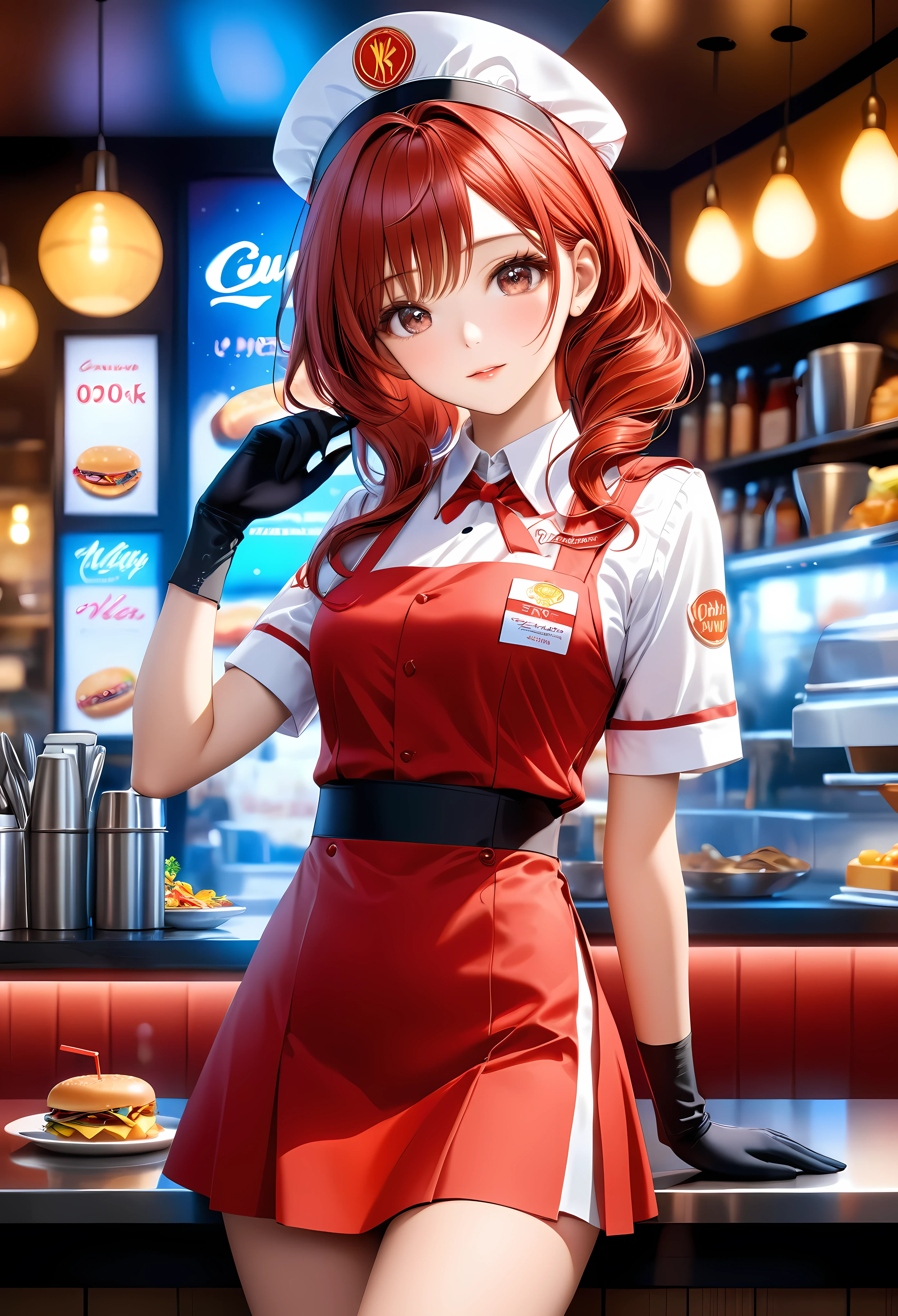 a beautiful fast food worker with bright brunette hair,freckles skin,detailed facial features,cute fast food waiter uniform,fast food worker hat,cutre pose,aesthetic fast food restaurant,neon light,fast food menu,delicious dessert,supermodel beauty,aquiline nose,best quality,8k,highres,masterpiece:1.2,ultra-detailed,realistic,photorealistic,photo-realistic:1.37,HDR,UHD,neon lighting,warm restaurant room,ultra-fine painting,sharp focus,physically-based rendering,extreme detail description,professional,vivid colors,bokeh,portrait | Rendered in ultra-high definition with UHD and retina quality, this masterpiece ensures anatomical correctness and textured skin with super detail. With a focus on high quality and accuracy, this award-winning portrayal captures every nuance in stunning 16k resolution, immersing viewers in its lifelike depiction. | ((pretty wavey red hair):1.1), ((fancy handgloves):1.1) | (((anatomical correctness))), (((perfect_fingers))), (((perfect_legs))), (((perfect_hands))), ((perfect_composition, perfect_design, perfect_layout, perfect_detail, ultra_detailed)), ((enhance_all, fix_everything)), More Detail, Enhance.