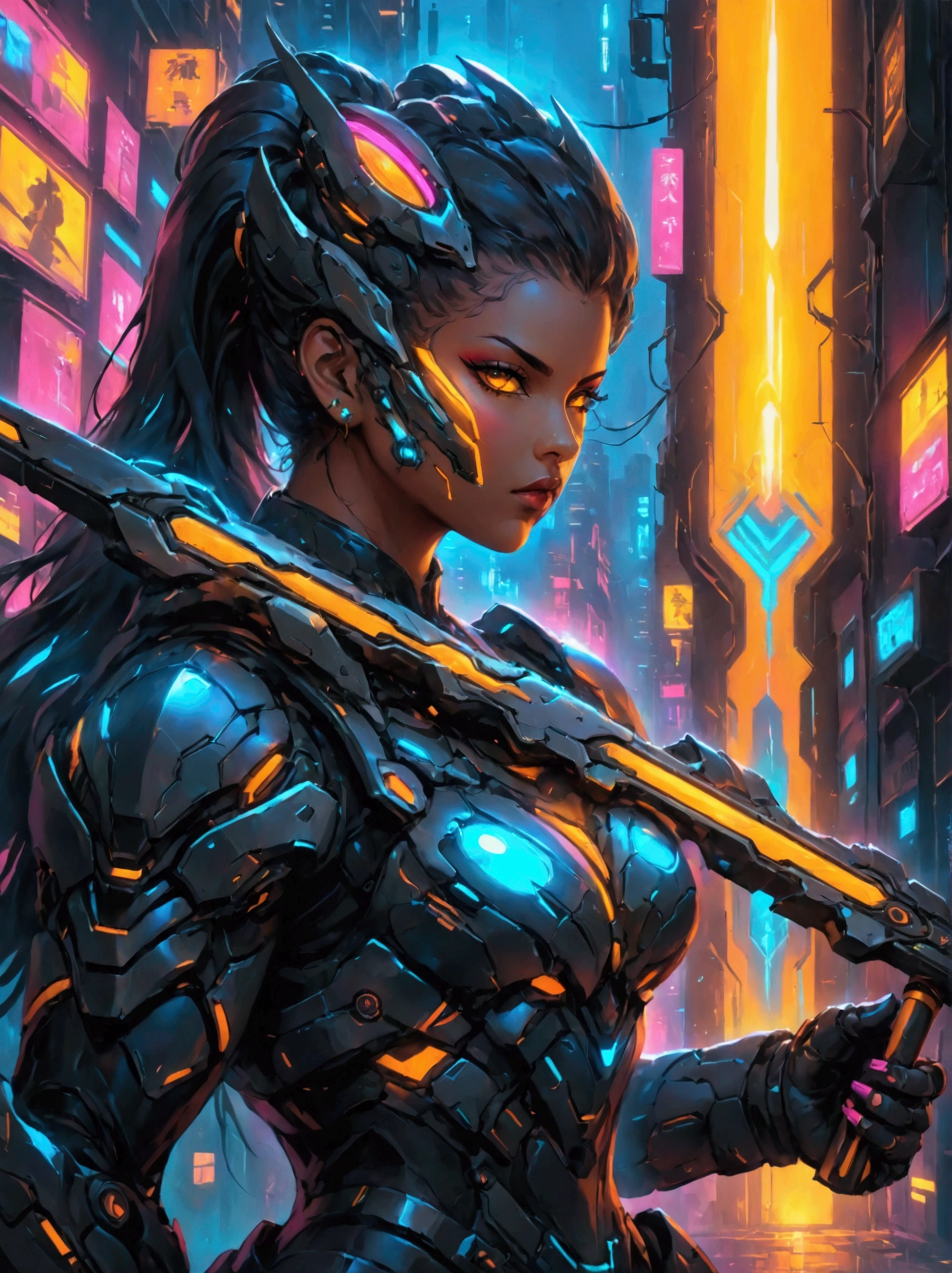 A futuristic warrior, resplendent in glowing armor of vibrant neon shades, stands poised in an active, dynamic stance. The warrior, whose descent is South Asian and gender is female, grasps a light-emanating sword with an air of readiness and intensity. The scene captures the aesthetics of cyberpunk, painted digitally with bold, adventurous brush strokes that mimic the flow and urgency of the situation. Billows of energy erupt around her, as if the city nightscape itself is reacting to her presence. It's a whirlwind of luminosity and avant-garde futurism, encapsulating a cyberpunk warrior's resolve in the face of adversity