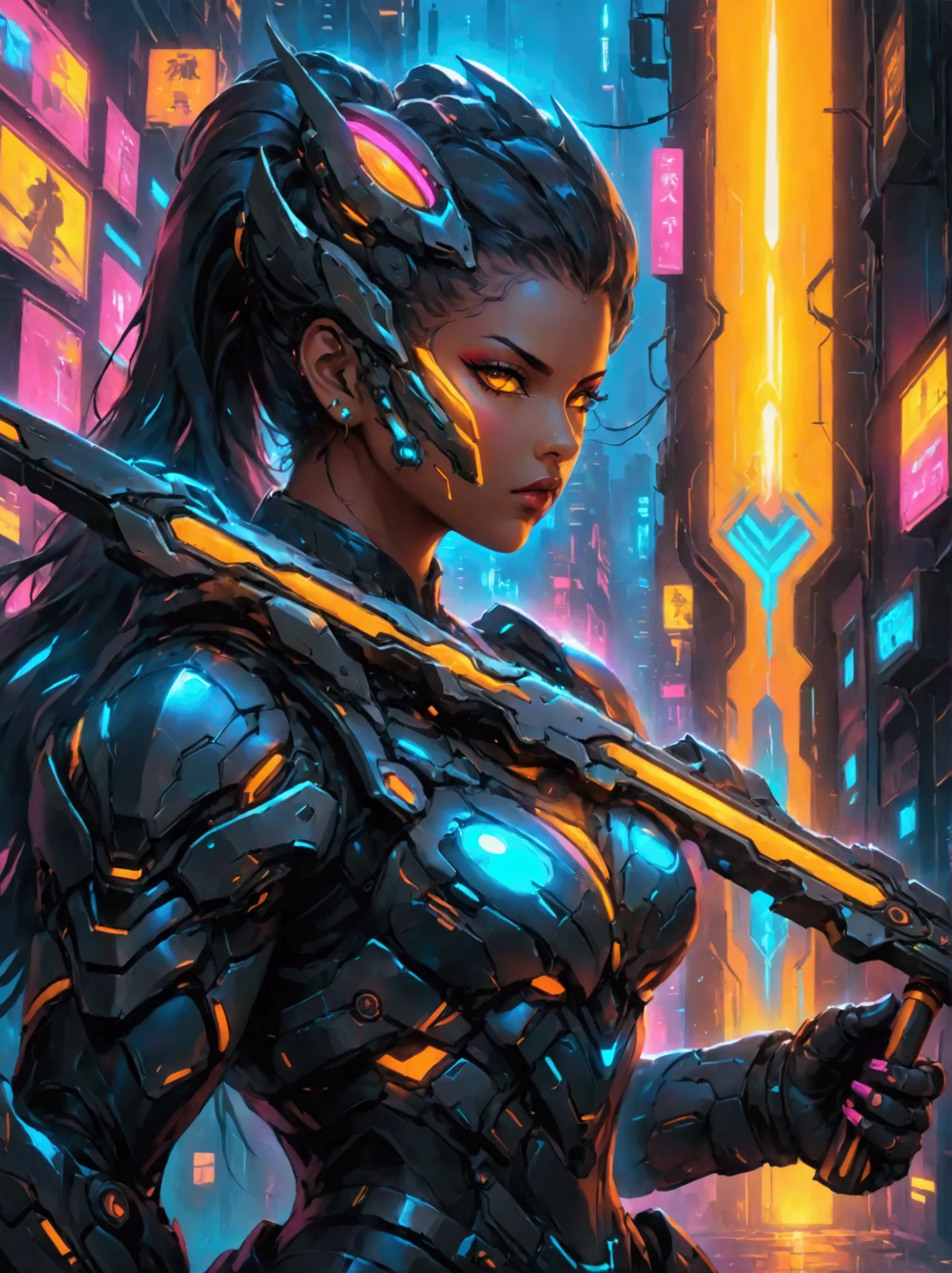 a futuristic warrior, resplendent in glowing armor of vibrant neon shades, stands poised in an active, dynamic stance. the warri...