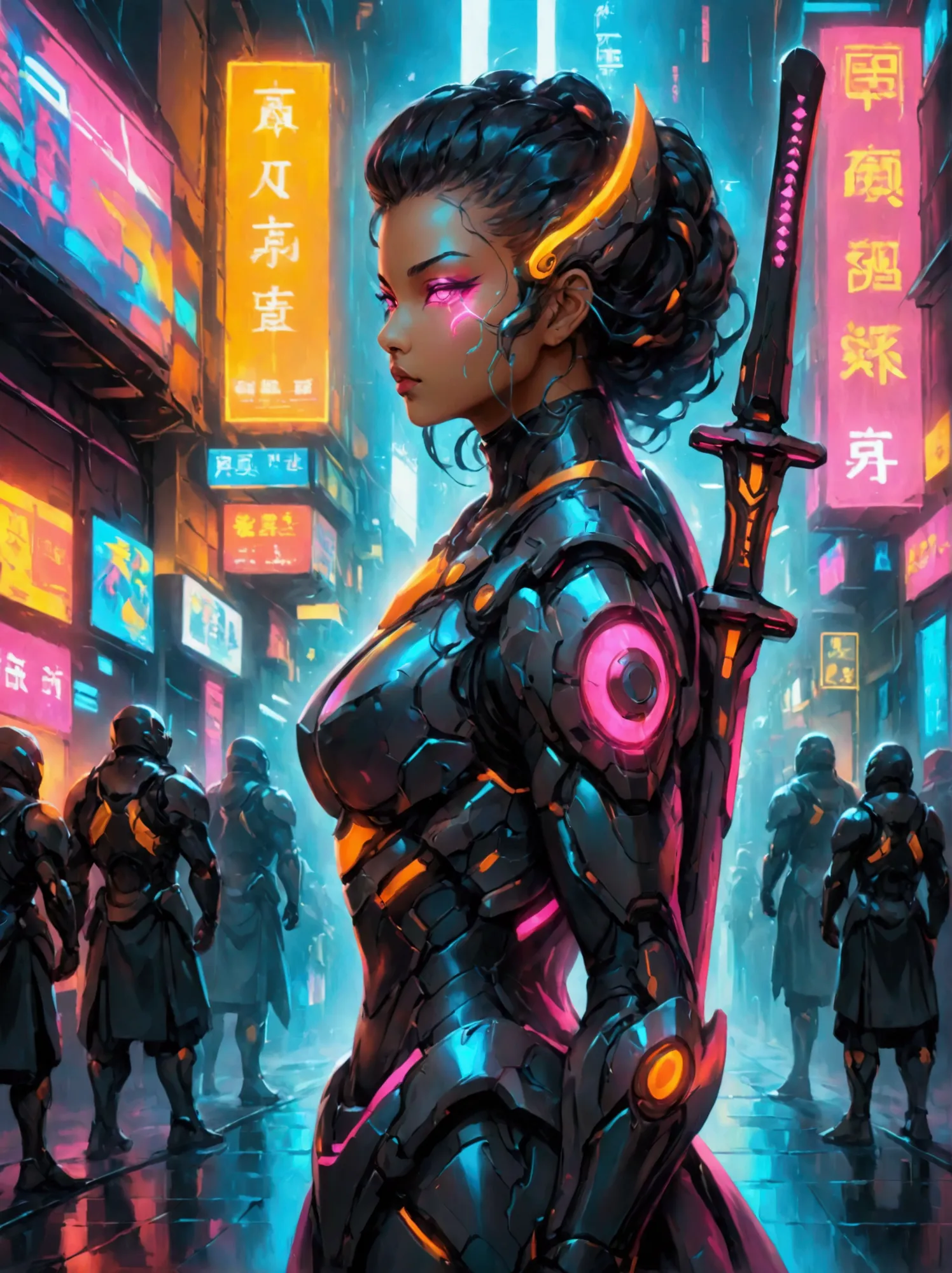 A futuristic warrior, resplendent in glowing armor of vibrant neon shades, stands poised in an active, dynamic stance. The warri...