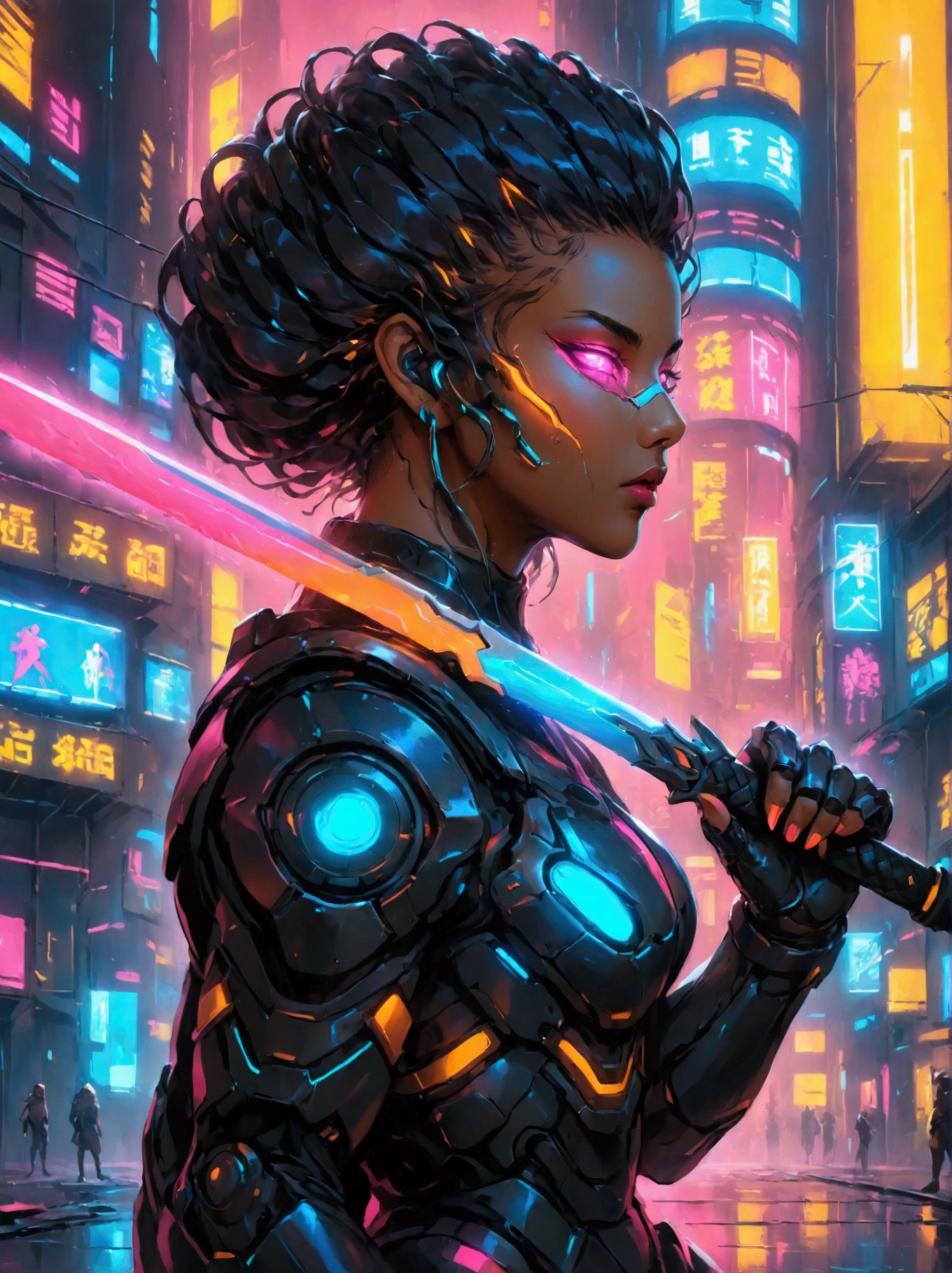 A futuristic warrior, resplendent in glowing armor of vibrant neon shades, stands poised in an active, dynamic stance. The warrior, whose descent is South Asian and gender is female, grasps a light-emanating sword with an air of readiness and intensity. The scene captures the aesthetics of cyberpunk, painted digitally with bold, adventurous brush strokes that mimic the flow and urgency of the situation. Billows of energy erupt around her, as if the city nightscape itself is reacting to her presence. It's a whirlwind of luminosity and avant-garde futurism, encapsulating a cyberpunk warrior's resolve in the face of adversity