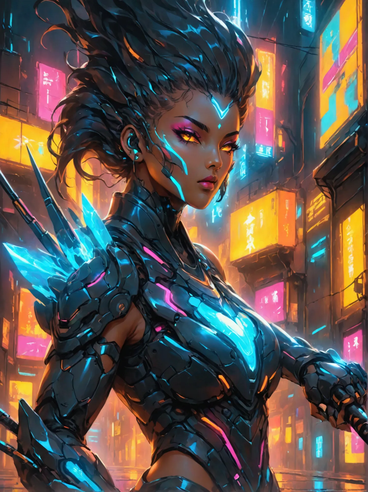 A futuristic warrior, resplendent in glowing armor of vibrant neon shades, stands poised in an active, dynamic stance. The warri...