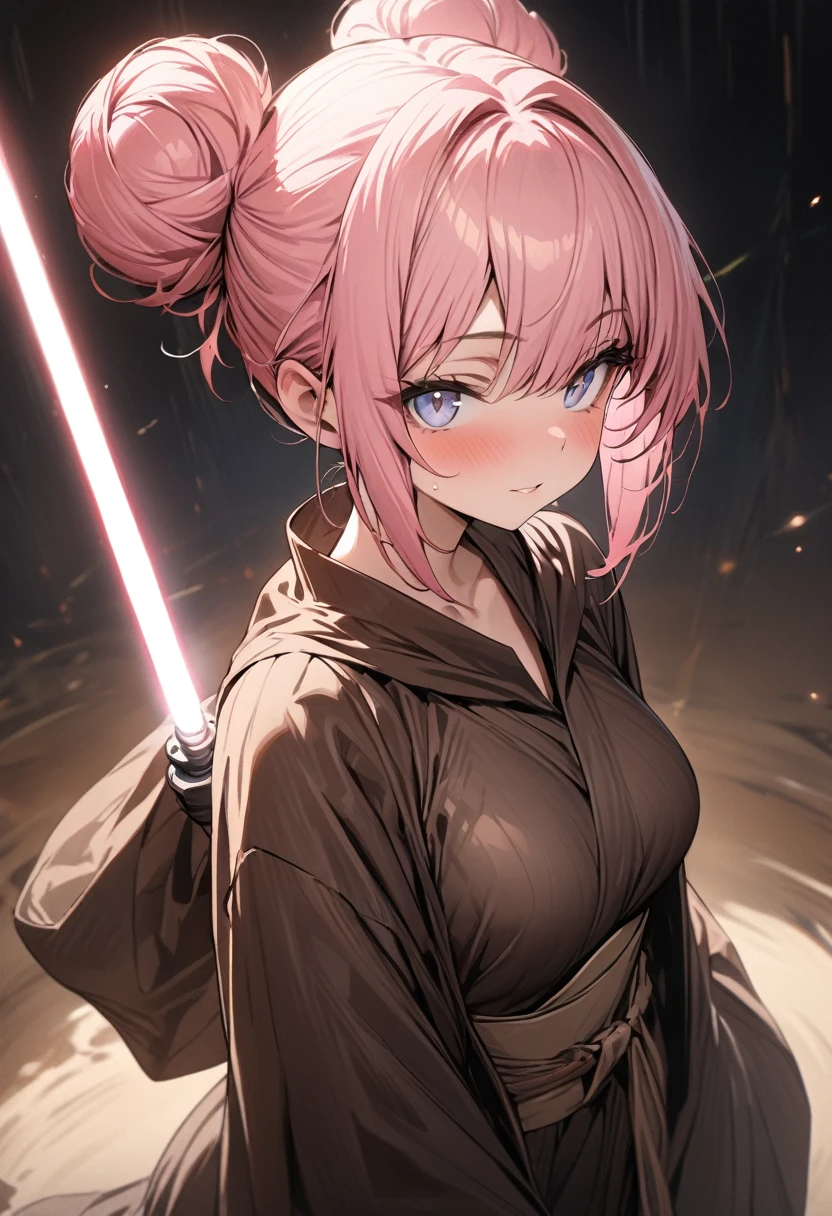 (masterpiece:1.2),(best quality:1.2),(masterpiece, best quality, ultra-high resolution), (Jedi girl), (lightsaber), pink hair, pixie cut, in a bun, serene and deep-set eyes, clear and radiant skin, traditional brown Jedi robe.