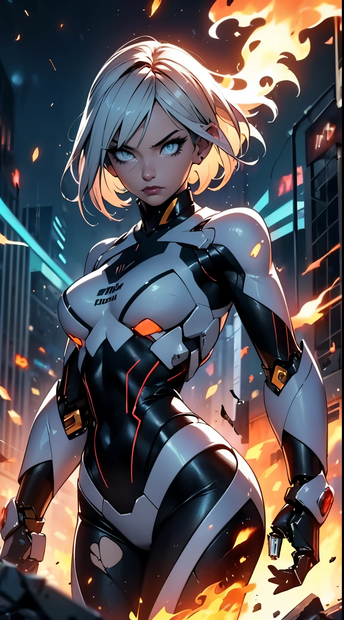 (mechanical parts:1.5),fighting , glowing eyes, short hair,torn tight supersuit, in a destroyed city, smoke and fire, glowing power aura, dynamic pose, dynamic view