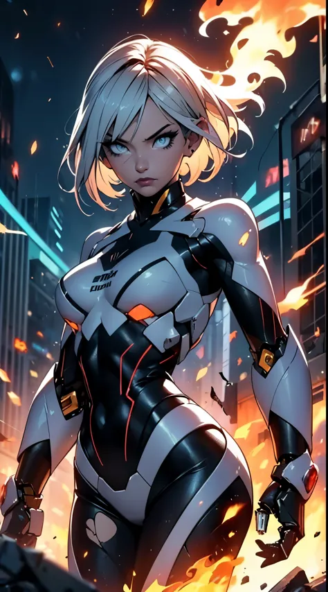 (mechanical parts:1.5),fighting , glowing eyes, short hair,torn tight supersuit, in a destroyed city, smoke and fire, glowing po...
