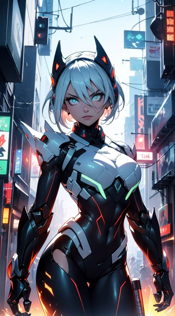 (mechanical parts:1.5),fighting , glowing eyes, short hair,torn tight supersuit, in a futuristic city, lights and neon, glowing power aura, lovely pose, dynamic view