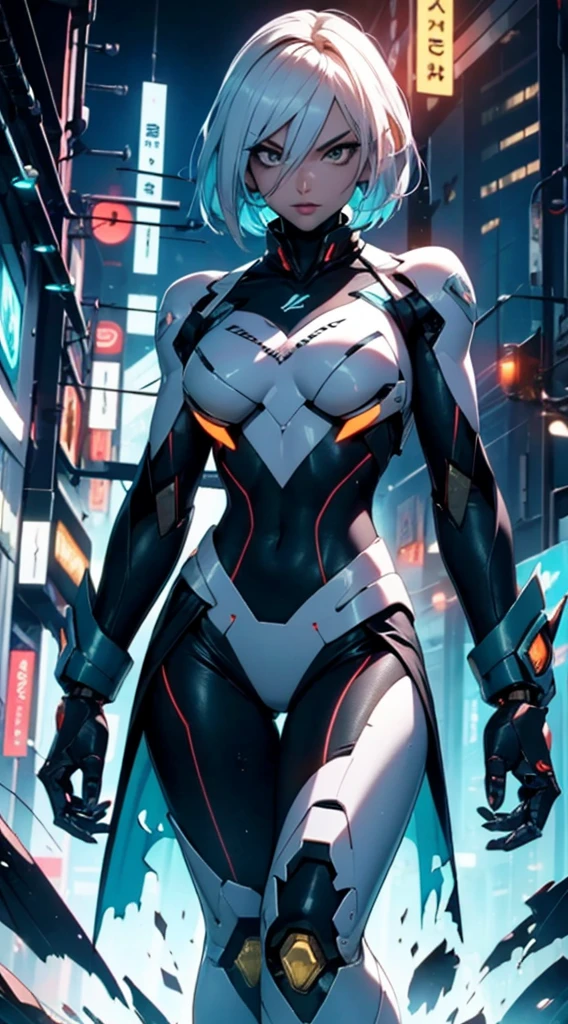 (mechanical parts:1.5),fighting , glowing eyes, short hair,torn tight supersuit, in a futuristic city, lights and neon, glowing power aura, lovely pose, dynamic view