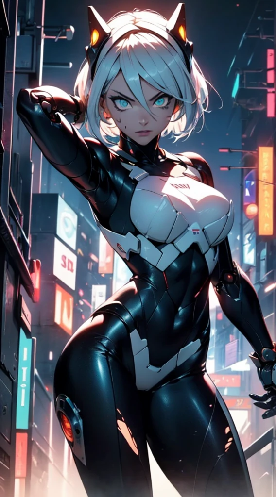 (mechanical parts:1.5),fighting , glowing eyes, short hair,torn tight supersuit, in a futuristic city, lights and neon, glowing power aura, lovely pose, dynamic view