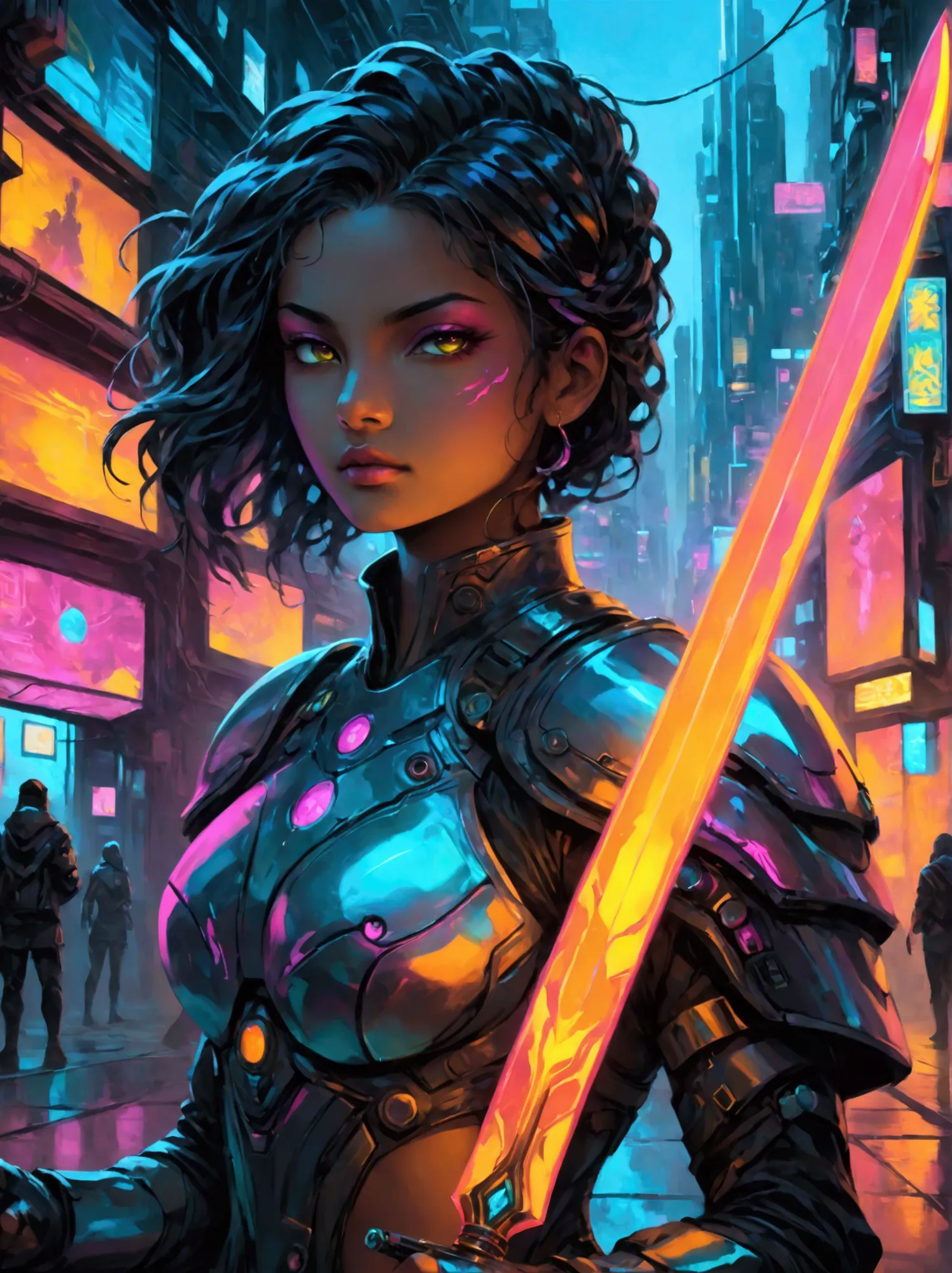 a futuristic warrior, resplendent in glowing armor of vibrant neon shades, stands poised in an active, dynamic stance. the warri...