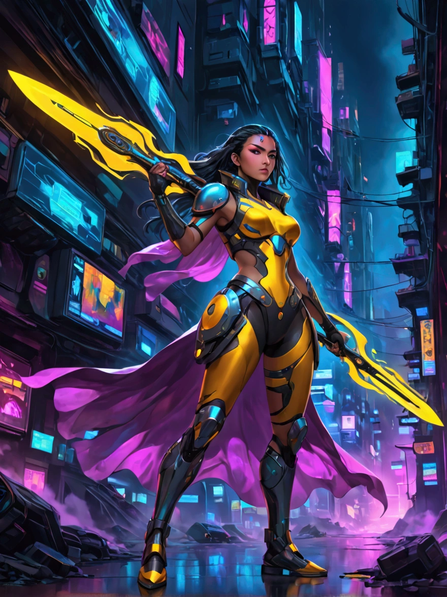 A futuristic warrior, resplendent in glowing armor of vibrant neon shades, stands poised in an active, dynamic stance. The warrior, whose descent is South Asian and gender is female, grasps a light-emanating sword with an air of readiness and intensity. The scene captures the aesthetics of cyberpunk, painted digitally with bold, adventurous brush strokes that mimic the flow and urgency of the situation. Billows of energy erupt around her, as if the city nightscape itself is reacting to her presence. It's a whirlwind of luminosity and avant-garde futurism, encapsulating a cyberpunk warrior's resolve in the face of adversity