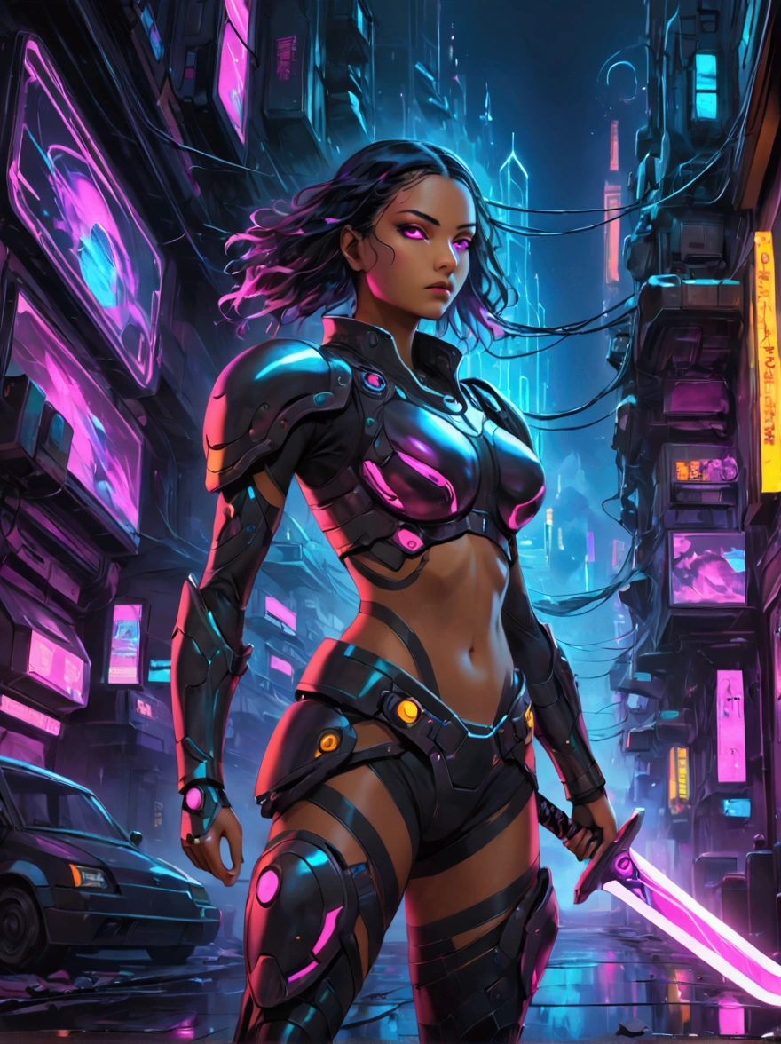 A futuristic warrior, resplendent in glowing armor of vibrant neon shades, stands poised in an active, dynamic stance. The warrior, whose descent is South Asian and gender is female, grasps a light-emanating sword with an air of readiness and intensity. The scene captures the aesthetics of cyberpunk, painted digitally with bold, adventurous brush strokes that mimic the flow and urgency of the situation. Billows of energy erupt around her, as if the city nightscape itself is reacting to her presence. It's a whirlwind of luminosity and avant-garde futurism, encapsulating a cyberpunk warrior's resolve in the face of adversity