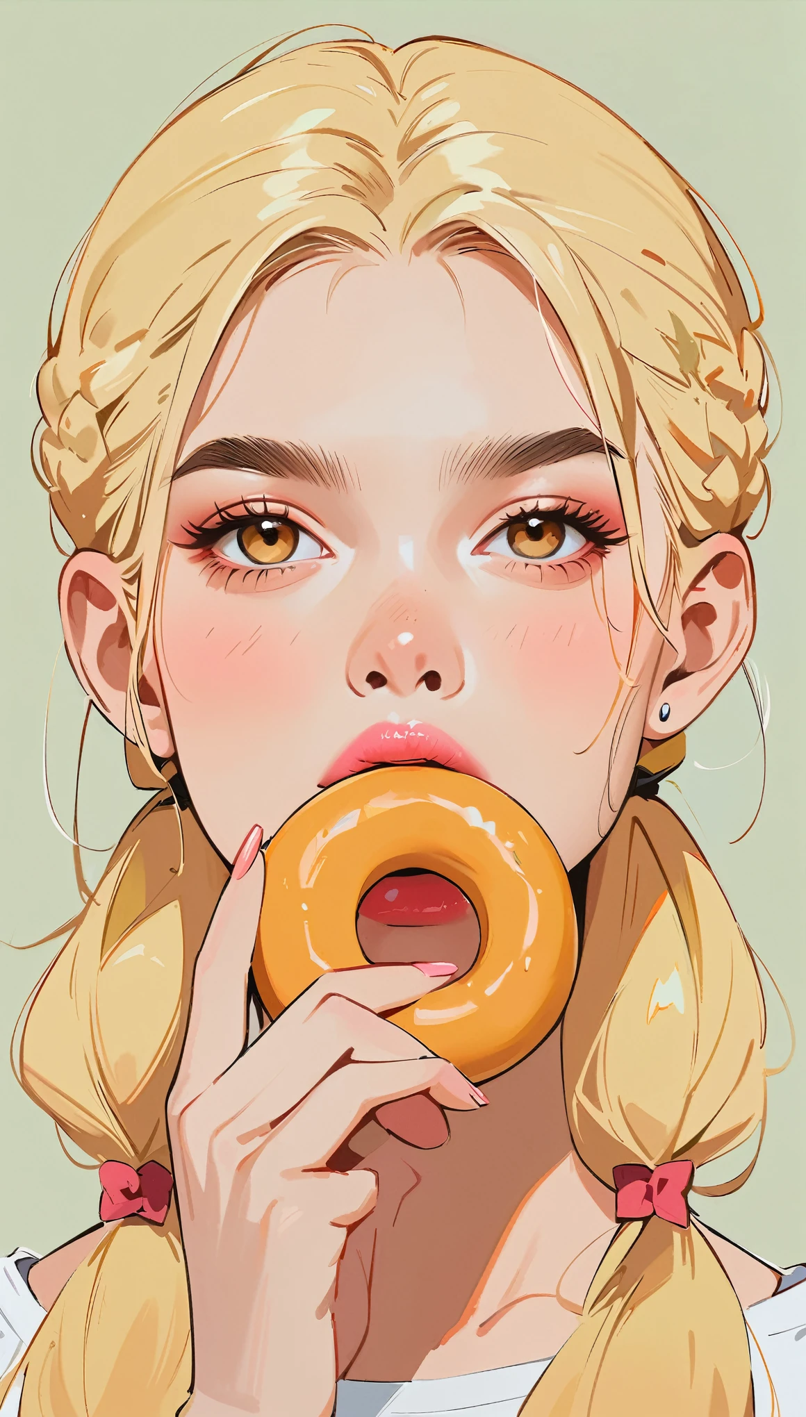 (masterpiece、Highest quality: 1.2)、1 girl、Lonely、Anime Style、Blonde、Pink Lips、Pigtails、Braid、Biting into a donut、In the style of a leading portraitist、Gray background。