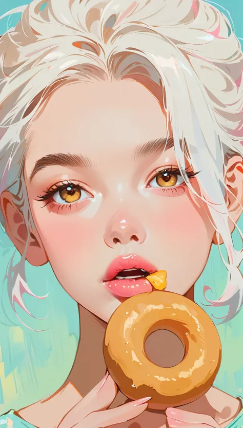 (masterpiece、Highest quality: 1.2)、1 girl、Lonely、Anime Style、White Hair、Pink Lips、E-wave hair、Biting into a donut、In the style o...