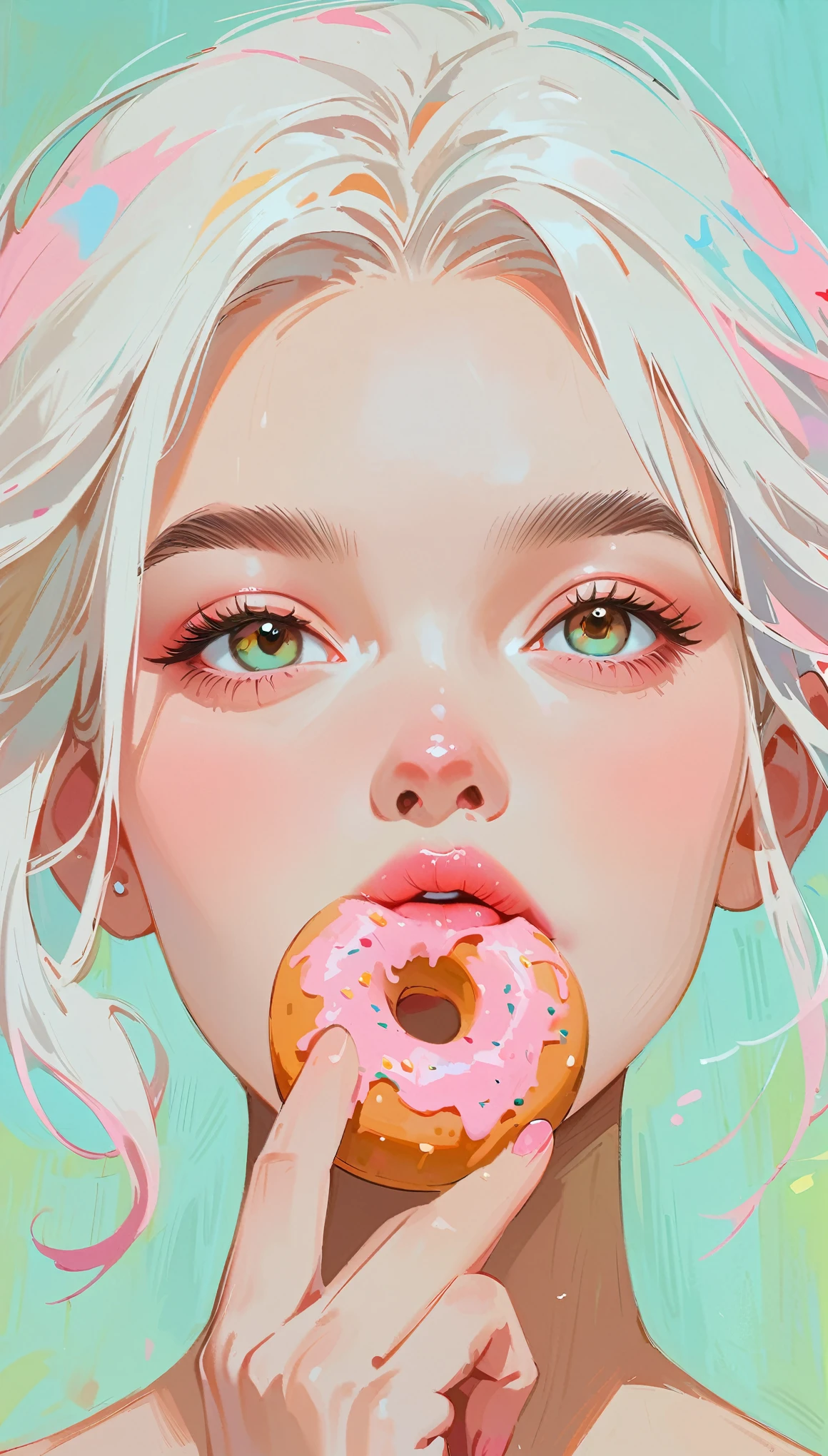 (masterpiece、Highest quality: 1.2)、1 girl、Lonely、Anime Style、White Hair、Pink Lips、E-wave hair、Biting into a donut、In the style of a leading portraitist、Light blue background。