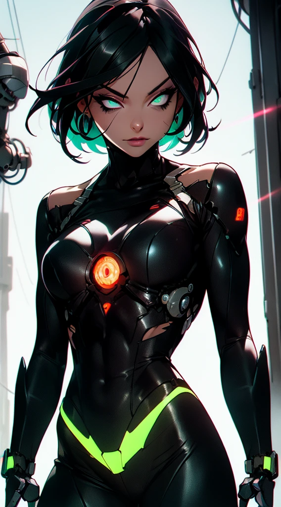 (mechanical parts:1.5),fighting , glowing eyes, short hair,torn tight supersuit, in a futuristic city, lights and neon, glowing power aura, lovely pose, dynamic view