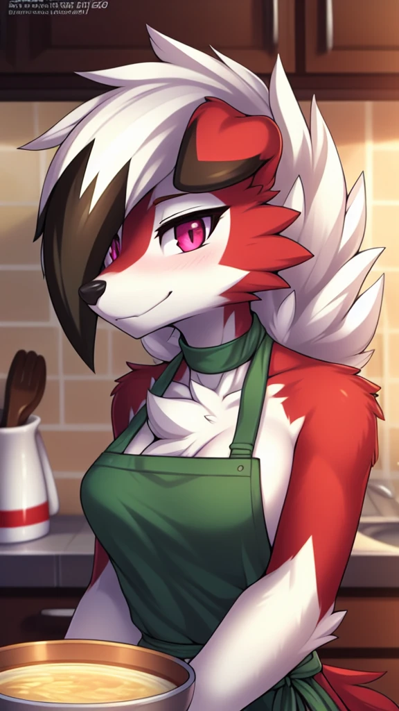 By zinfyu,by twistedscarlet60, uploaded on pixiv, by fluff-kevlar, (masterpiece), (best quality), (solo female:1.2), (extremely detailed:1.3),(detailed eye,black circle on eye,pink eye), lycanroc midnight, view on viewer, close view, shy face, half body on potrait, only body and head, close view, wearing kitchen apron,in kitchen, carying a bowl of soup, (tail:1.1), closeup photo of lycanroc