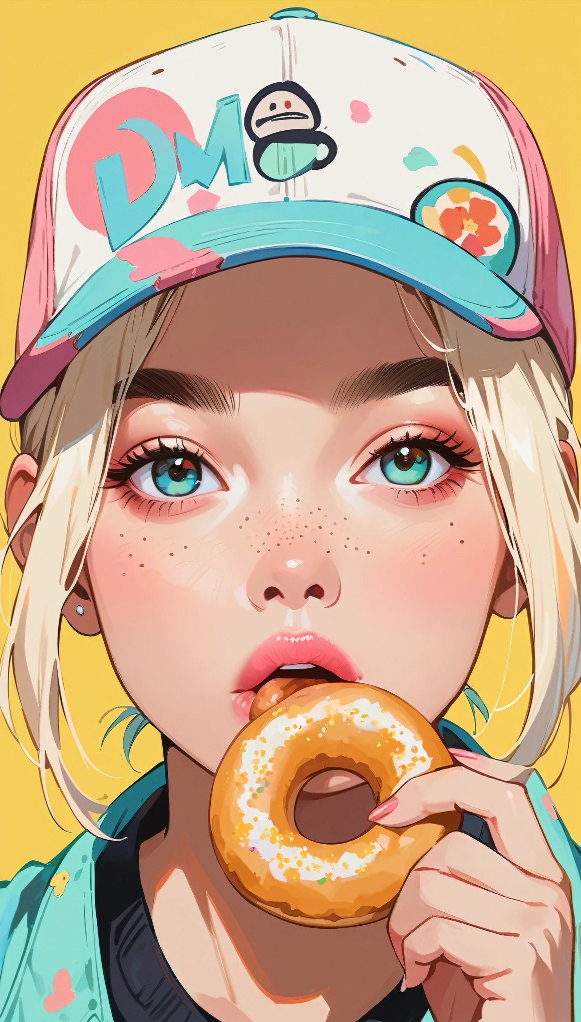 (obra maestra、de la máxima calidad: 1.2)、1 chica、、estilo animado、rubio、Labios rosados、pecas、Baseball cap、Mordiendo un donut、Al estilo de un retratista destacado、fondo amarillo。