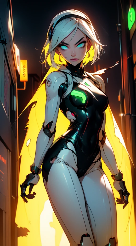 (mechanical parts:1.5),fighting , glowing eyes, short hair,torn tight supersuit, in a futuristic city, lights and neon, glowing power aura, lovely pose, dynamic view