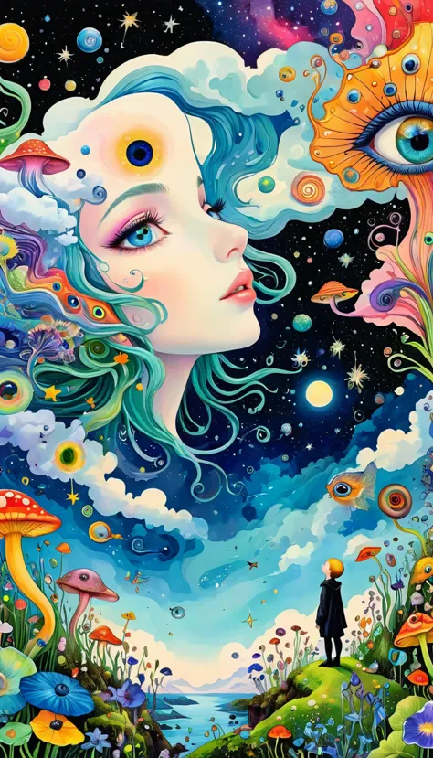 psychedelic illustration, color illustrations, whimsical and psychedelic, three-dimensional painting。the elf looking up at the s...