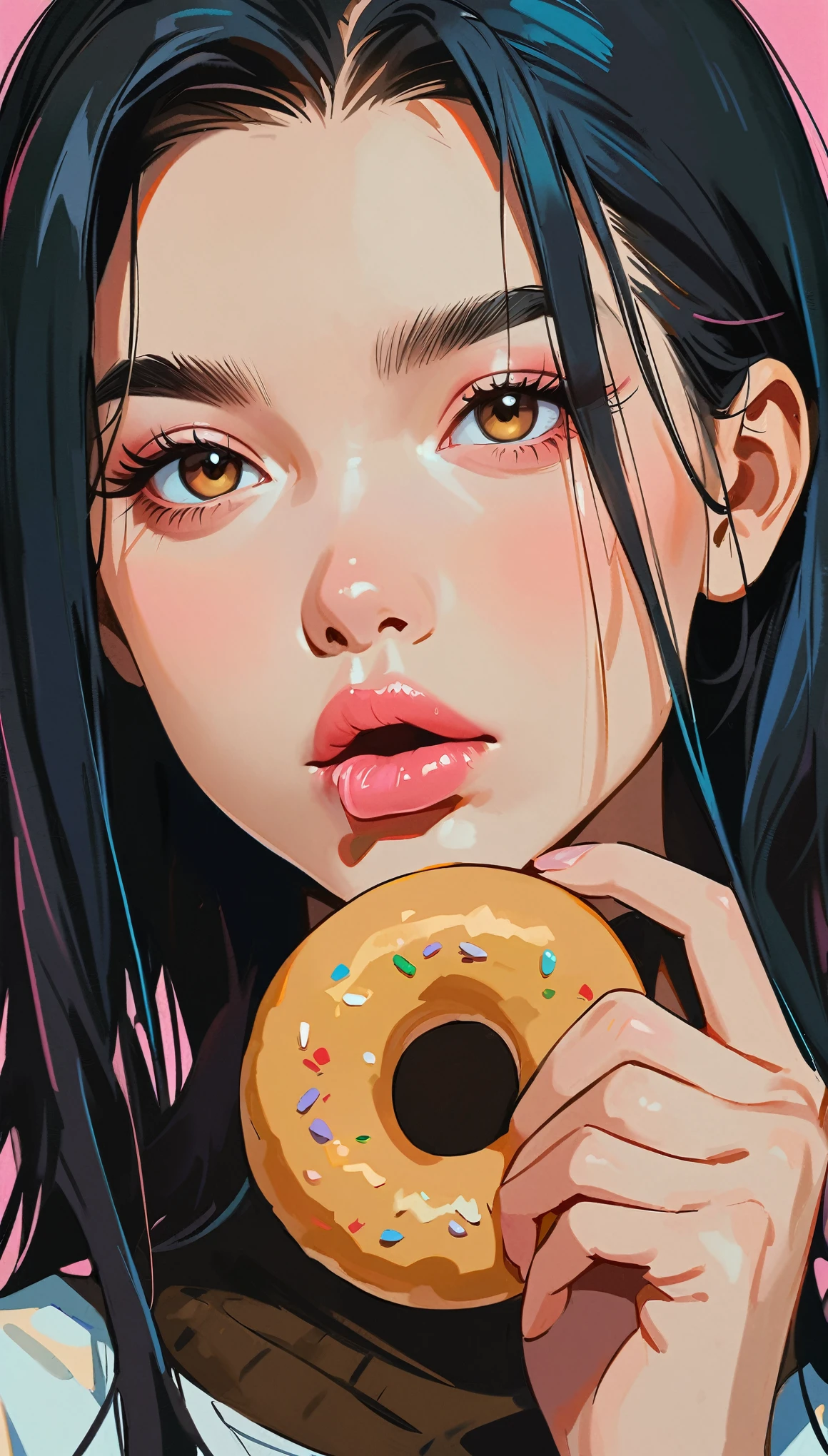 masterpiece、Highest quality: 1.2)、1 girl、Lonely、Anime Style、Black Hair、Pink Lips、Japanese、Long Hair、Shortcuts、Biting into a donut、In the style of a leading portraitist、Pink Background。