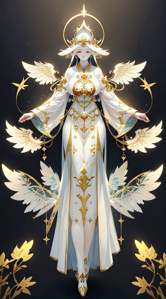 goddess，Fantasy style，Magic Style，Greek style，White gold color scheme，White and gold，goddess，Halo，Divinity，wing，wing，wing，wing，wing，Big breasts大屁股，Big breasts，Full figure，Royal sister，graceful，Noble temperament，robe，高开叉robe，Golden runes