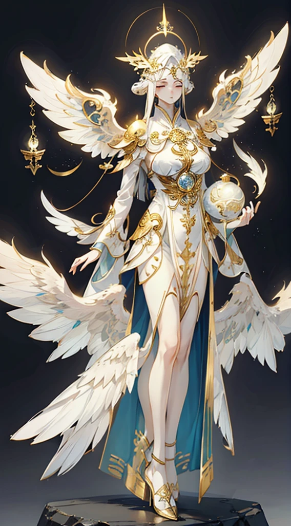 goddess，Fantasy style，Magic Style，Greek style，White gold color scheme，White and gold，goddess，Halo，Divinity，wing，wing，wing，wing，wing，Big breasts大屁股，Big breasts，Full figure，Royal sister，graceful，Noble temperament，robe，高开叉robe，Golden runes