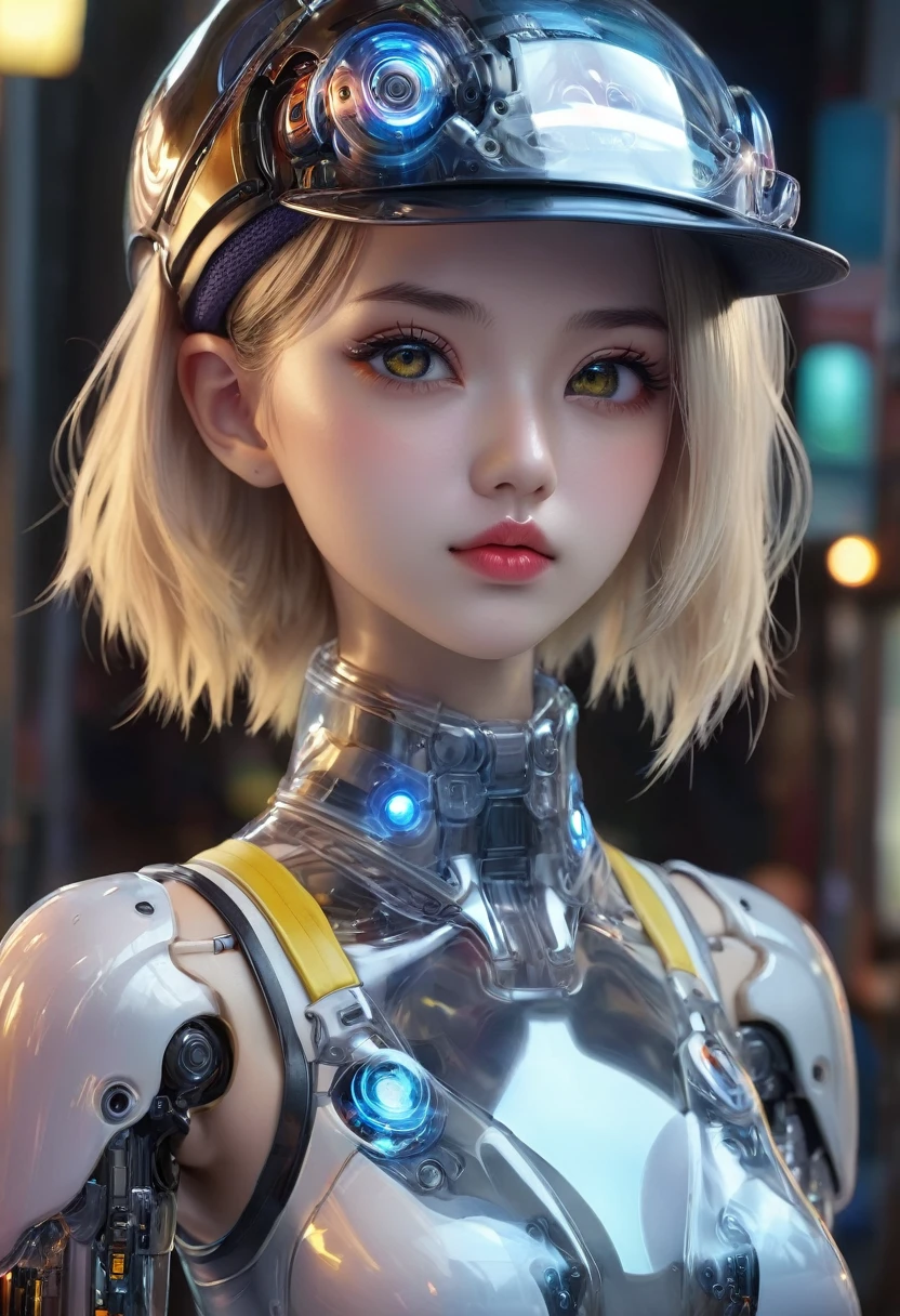 ((Fast Food Restaurant、Burger Shop、clerk、apron、hat、Food Serving:2.0))、(transparent mecha)、(Anatomically accurate body structure)、Cyberpunk Cyborg、Humanoid Cyborg、cybernetic creature、Android、Robot Arm、Future、high tech、Neon Light、Halo effects、Shining details、Reflective Metal、Complex Machinery、industrial、modern、Urban setting、Detailed facial features、Beautifully detailed eyes、Beautifully detailed lips、Very detailedな顔と目、Long eyelashes、Photorealistic、8K、Very detailed、Cinematic lighting、dramatic colors、Moody atmosphere、Concept Art、Digital Painting、