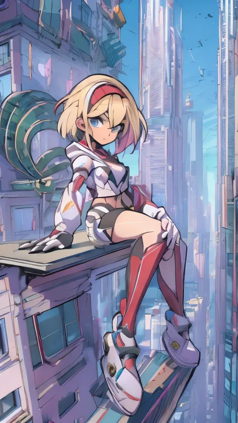 (Highly quality, masterpiece, detailed), city detailed scenario, city detailed background, solo, Reploid, Android, Gwen, blonde ...