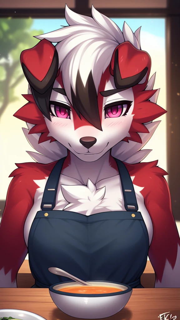 By zinfyu,by twistedscarlet60, uploaded on pixiv, by fluff-kevlar, (masterpiece), (best quality), (solo female:1.2), (extremely detailed:1.3),(detailed eye,black circle on eye,pink eye), lycanroc midnight, view on viewer, close view, shy face, half body on potrait, only body and head, close view, wearing kitchen apron,in kitchen, carying a bowl of soup, (tail:1.1), closeup photo of lycanroc