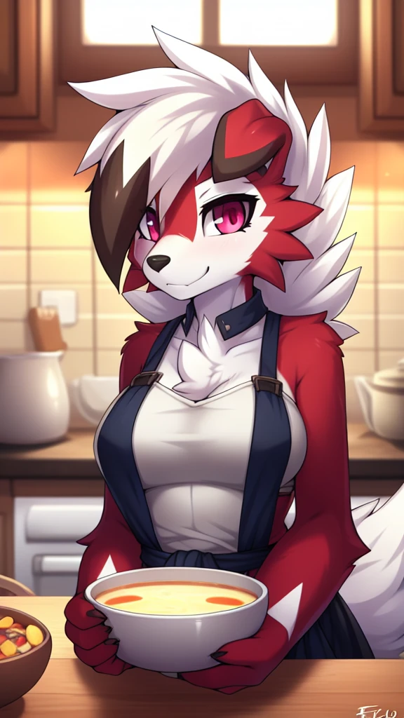 By zinfyu,by twistedscarlet60, uploaded on pixiv, by fluff-kevlar, (masterpiece), (best quality), (solo female:1.2), (extremely detailed:1.3),(detailed eye,black circle on eye,pink eye), lycanroc midnight, view on viewer, close view, half body on potrait, only body and head, close view, wearing kitchen apron,in kitchen, carying a bowl of soup, (tail:1.1), closeup photo of lycanroc