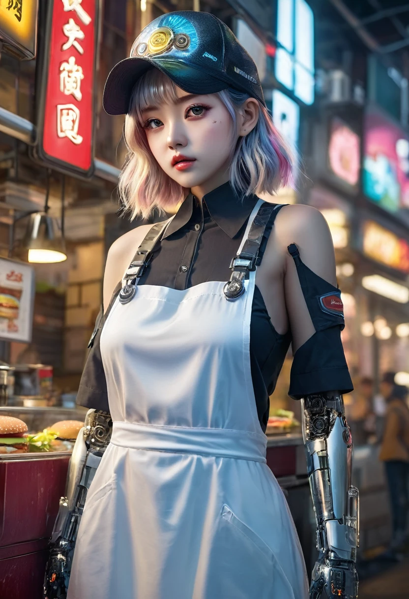 ((Fast Food Restaurant、Burger Shop、clerk、apron、hat、Food Serving:2.0))、(transparent mecha)、(Anatomically accurate body structure)、Cyberpunk Cyborg、Humanoid Cyborg、cybernetic creature、Android、Robot Arm、Future、high tech、Neon Light、Halo effects、Shining details、Reflective Metal、Complex Machinery、industrial、modern、Urban setting、Detailed facial features、Beautifully detailed eyes、Beautifully detailed lips、Very detailedな顔と目、Long eyelashes、Photorealistic、8K、Very detailed、Cinematic lighting、dramatic colors、Moody atmosphere、Concept Art、Digital Painting、Cowboy Shot:1.4