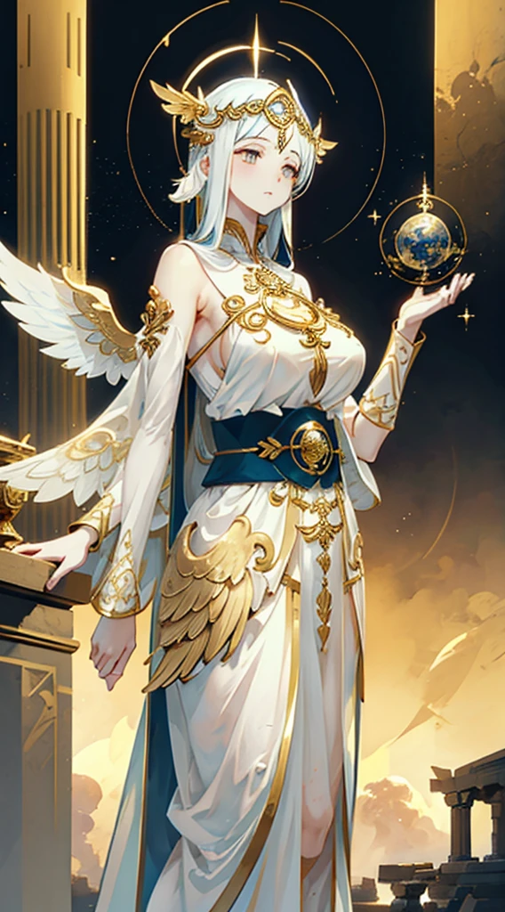 goddess，Fantasy style，Magic Style，Greek style，White gold color scheme，White and gold，goddess，Halo，Divinity，wing，wing，wing，wing，wing，Big breasts大屁股，Big breasts，Full figure，Royal sister，graceful，Noble temperament，robe，高开叉robe，Golden runes，Kingdom of Heaven background，Ancient Greek temple background，Close-up above the waist，Upper body close-up