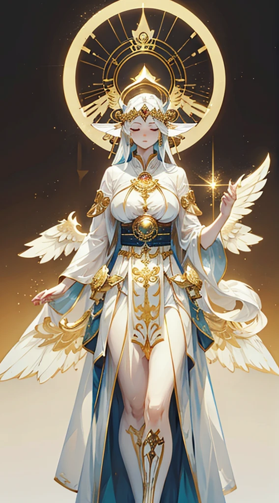 goddess，Fantasy style，Magic Style，Greek style，White gold color scheme，White and gold，goddess，Halo，Divinity，wing，wing，wing，wing，wing，Big breasts大屁股，Big breasts，Full figure，Royal sister，graceful，Noble temperament，robe，高开叉robe，Golden runes，Kingdom of Heaven background，Ancient Greek temple background，Close-up above the waist，Upper body close-up