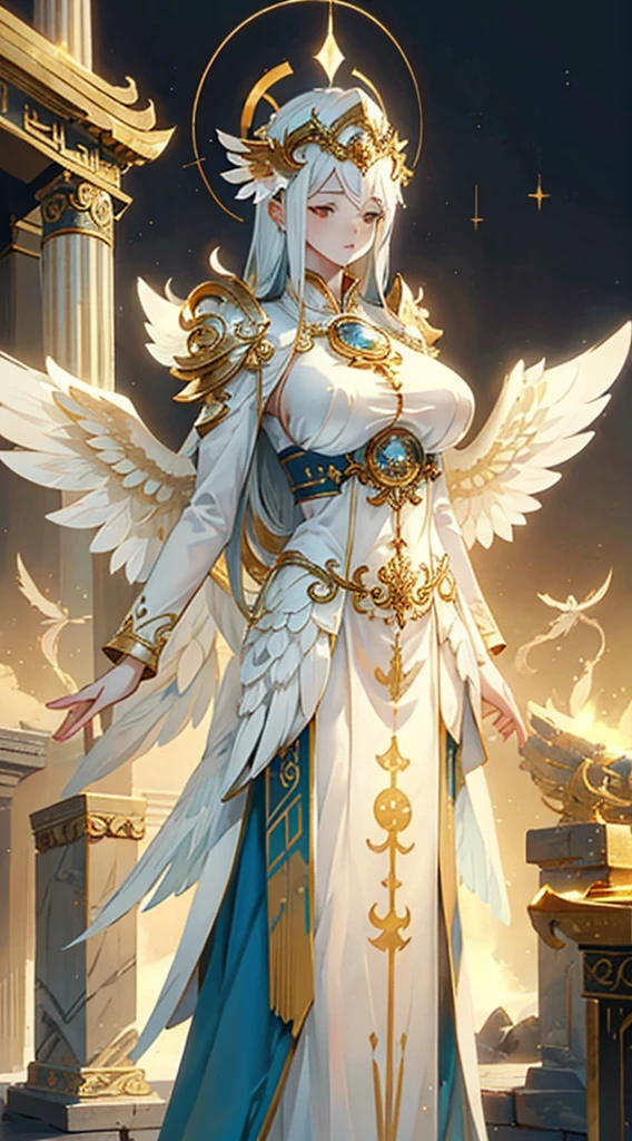 goddess，Fantasy style，Magic Style，Greek style，White gold color scheme，White and gold，goddess，Halo，Divinity，wing，wing，wing，wing，wing，Big breasts大屁股，Big breasts，Full figure，Royal sister，graceful，Noble temperament，robe，高开叉robe，Golden runes，Kingdom of Heaven background，Ancient Greek temple background，Close-up above the waist，Upper body close-up