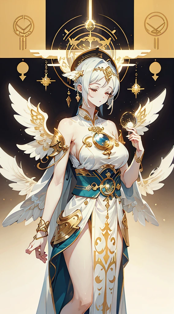 goddess，Fantasy style，Magic Style，Greek style，White gold color scheme，White and gold，goddess，Halo，Divinity，wing，wing，wing，wing，wing，Big breasts大屁股，Big breasts，Full figure，Royal sister，graceful，Noble temperament，robe，高开叉robe，Golden runes，Kingdom of Heaven background，Ancient Greek temple background，Close-up above the waist，Upper body close-up