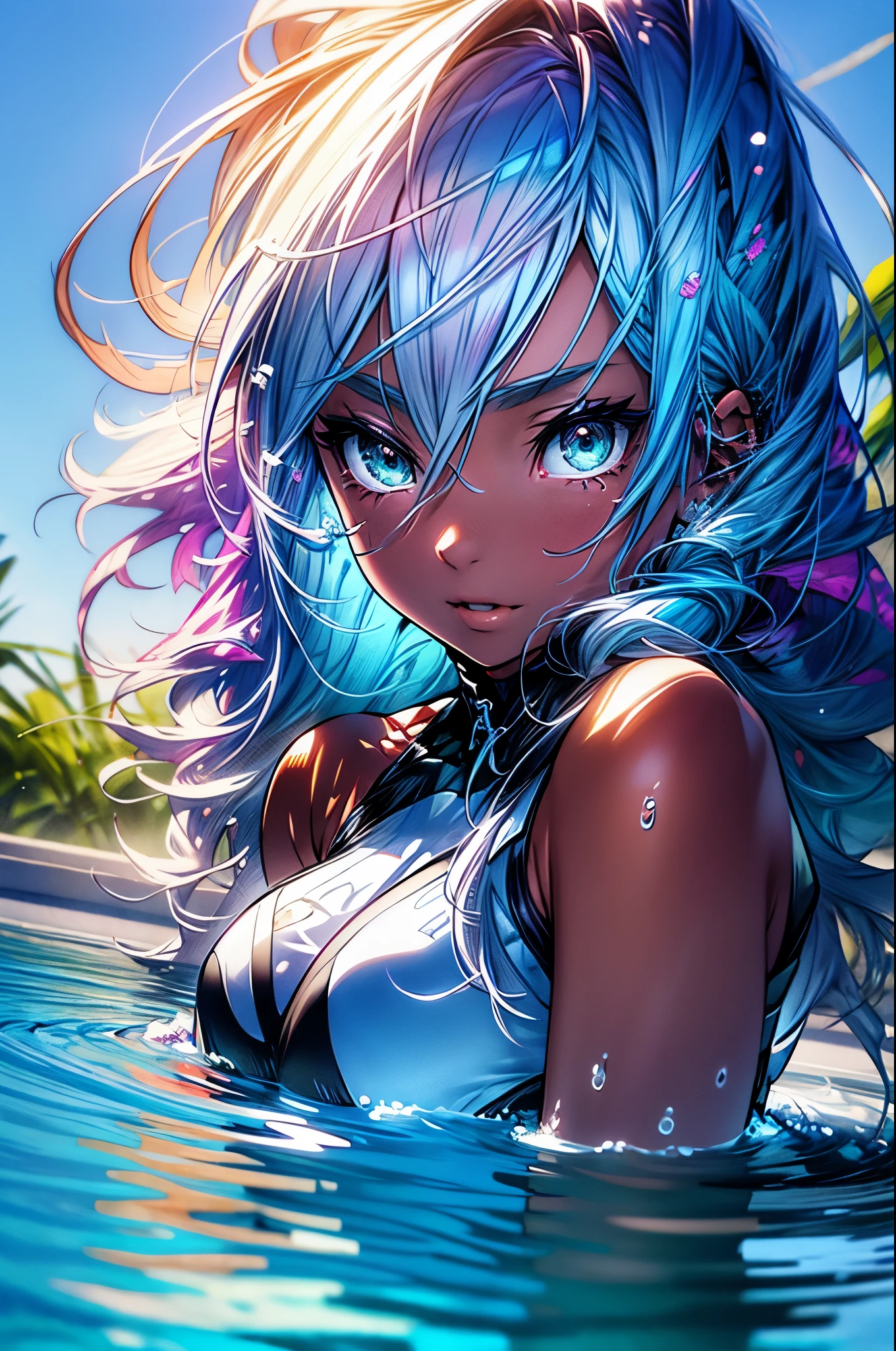 masterpiece, best quality, extremely detailed CG unity 8k wallpaper, Woman in colorful bikini swimsuit, 18-year-old, Pool, Vacation, On the surface of the water, he lies on his back on a swim ring and looks up at the sky with a comfortable look, Dazzling sunlight,  Octane Rendering Style, Overall particle light, Crystal clear seawater, Realistic representation of water, Bokeh, Daytime, Outdoor