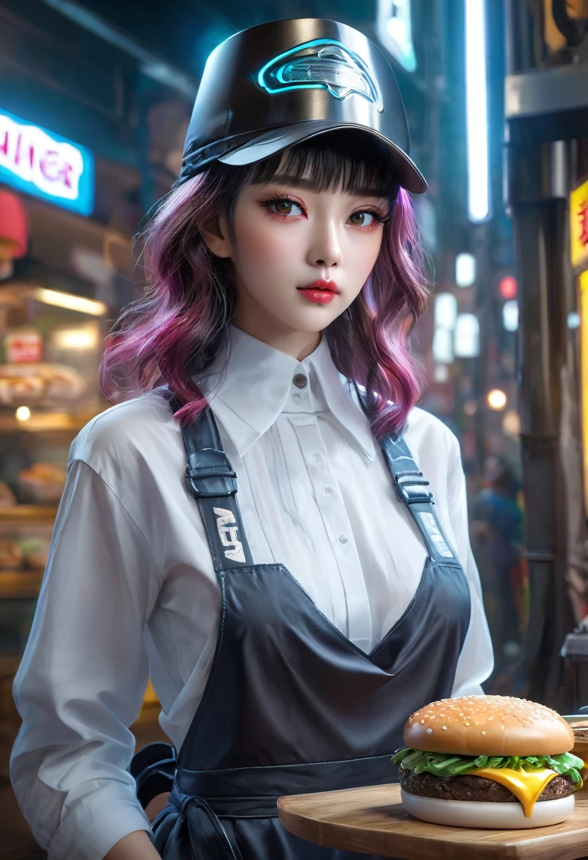 ((Fast Food Restaurant、Burger Shop、clerk、apron、hat、Food Serving:2.0))、(transparent mecha)、(Anatomically accurate body structure)、Cyberpunk Cyborg、Humanoid Cyborg、cybernetic creature、Android、Robot Arm、Future、high tech、Neon Light、Halo effects、Shining details、Reflective Metal、Complex Machinery、industrial、modern、Urban setting、Detailed facial features、Beautifully detailed eyes、Beautifully detailed lips、Very detailedな顔と目、Long eyelashes、Photorealistic、8K、Very detailed、Cinematic lighting、dramatic colors、Moody atmosphere、Concept Art、Digital Painting、Cowboy Shot:1.4