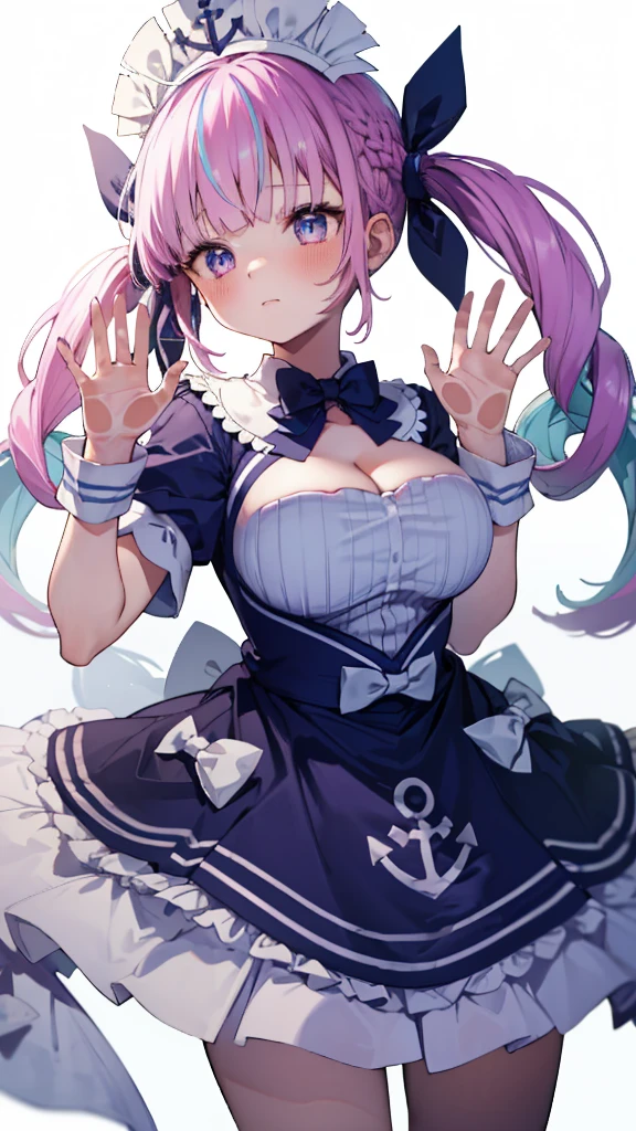 (Ultra-high resolution,masterpiece, Attention to detail, Highest quality), 8K,(aaaqua, twintails, drill hair, maid headdress, cleavage, short sleeves, wrist cuffs),(Blessed,Captivating body、Ultra-detailed skin、Super beautiful eyes、Detailed Background),One girl, (breasts_on_Glass,breast press, against Glass, hands on Glass:1.2),window fog, embarrassed, (white background:1.7), (from front:1.3),Perfect five-finger, big breasts