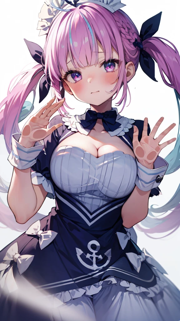 (Ultra-high resolution,masterpiece, Attention to detail, Highest quality), 8K,(aaaqua, twintails, drill hair, maid headdress, cleavage, short sleeves, wrist cuffs),(Blessed,Captivating body、Ultra-detailed skin、Super beautiful eyes、Detailed Background),One girl, (breasts_on_Glass,breast press, against Glass, hands on Glass:1.2),window fog, embarrassed, (white background:1.7), (from front:1.3),Perfect five-finger, big breasts