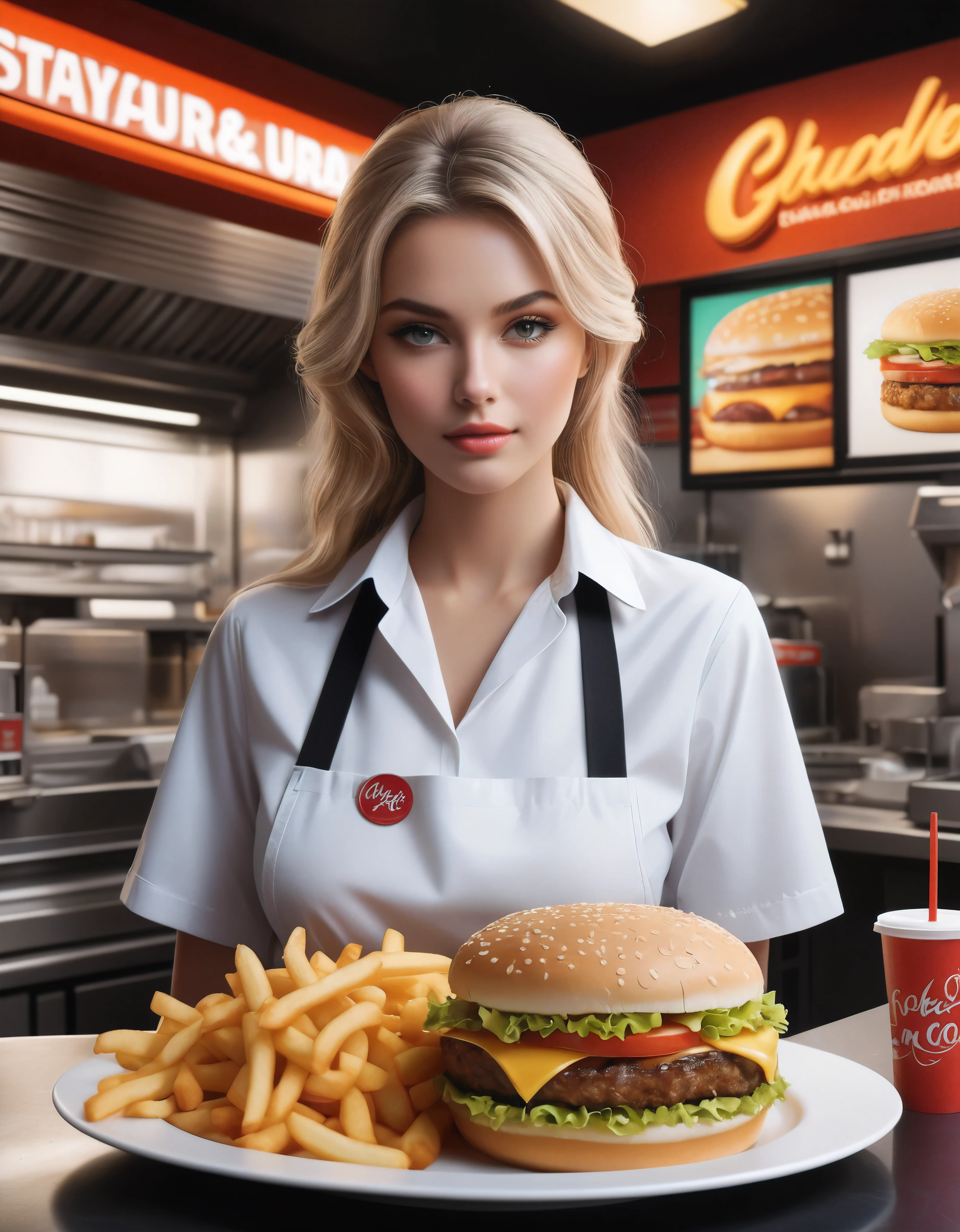 ((Masterpiece in maximum 16K resolution):1.6),((soft_color_photograpy:)1.5), ((Ultra-Detailed):1.4),((Movie-like still images and dynamic angles):1.3) | ((double contact):1.3), ((Supermodel beauty as a Fast Food Worker):1.2), ((Superimposed on Blonde Hair Cute Female):1.1), ((Fast food restaurant lighting):1.3), Oil and ink on canvas, fine dark art, super dramatic light, photoillustration, amazing depth, the ultra-detailed, iridescent black, superfluous dreams, intricately details, amazing depth, Amazing atmosphere, Mesmerizing whimsical vibrant landscapes, ((Fast Food Worker):1.2), ((Detailed Fast Food Restaurant):1.1), ((Happy view):1.1), ((hand gloves):1.1), Maximalism ((beautiful outside, Ugly inside, pressure and pain, beauty and despair, hard and soft, positive and negative, hot and cold, Sweet and sour, Vibrant but boring, Perfect harmony, light and shadows, old and young, Black and white, Corresponding color, loud and quiet, Chaos and peace, life and death):1.2) The complex masterpiece of a real-time engineering leader. | Rendered in ultra-high definition with UHD and retina quality, this masterpiece ensures anatomical correctness and textured skin with super detail. With a focus on high quality and accuracy, this award-winning portrayal captures every nuance in stunning 16k resolution, immersing viewers in its lifelike depiction. | ((perfect_composition, perfect_design, perfect_layout, perfect_detail, ultra_detailed)), ((enhance_all, fix_everything)), More Detail, Enhance.