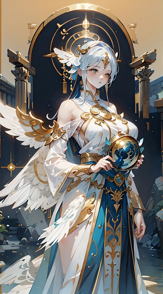 goddess，Fantasy style，Magic Style，Greek style，White gold color scheme，White and gold，goddess，Halo，Divinity，wing，wing，wing，wing，wing，Big breasts大屁股，Big breasts，Full figure，Royal sister，graceful，Noble temperament，robe，高开叉robe，Golden runes，Kingdom of Heaven background，Ancient Greek temple background，Close-up above the waist，Upper body close-up